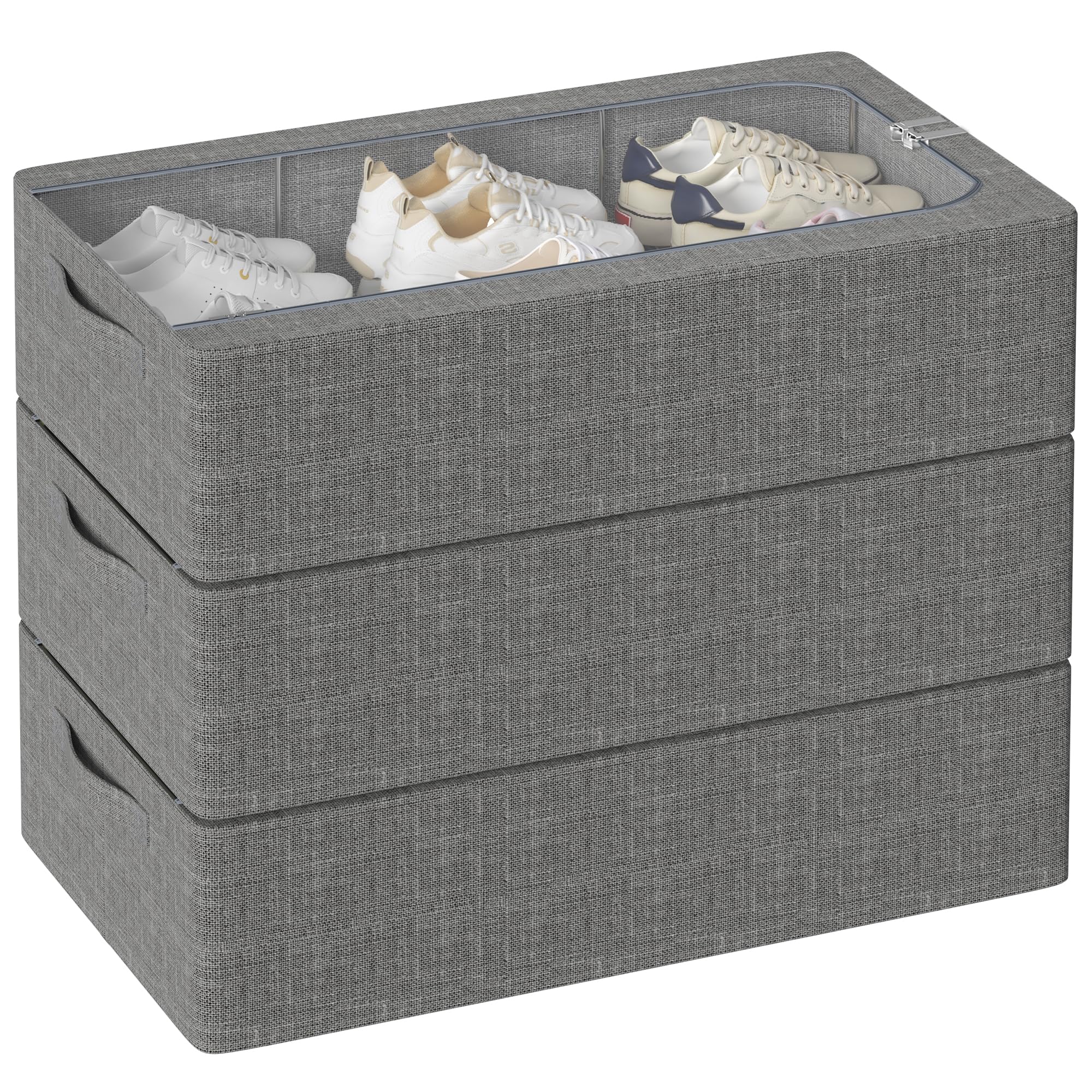 Under Bed Storage Bins with Metal Frame - Foldable Stackable Shoe & Clothes Organizer for Closet, Large Clear Window, Linen Fabric (Dark Grey, 23.6