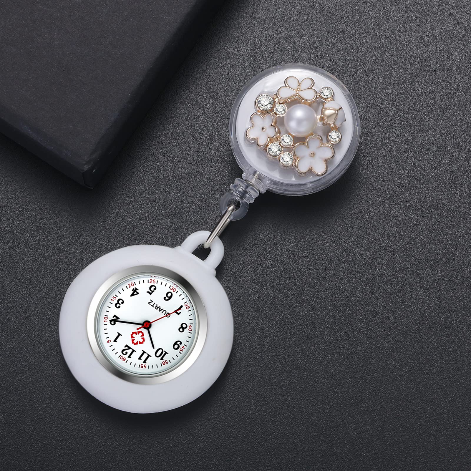 Lancardo Retractable Nurse Watch Clip - Pearl Flower Badge with Second Hand & Stethoscope Lapel Fob - Waterproof Pocket Watch for Doctors & Nurses (Men & Women) - Perfect for Medical Shifts, Clinical Work & Healthcare Professionals