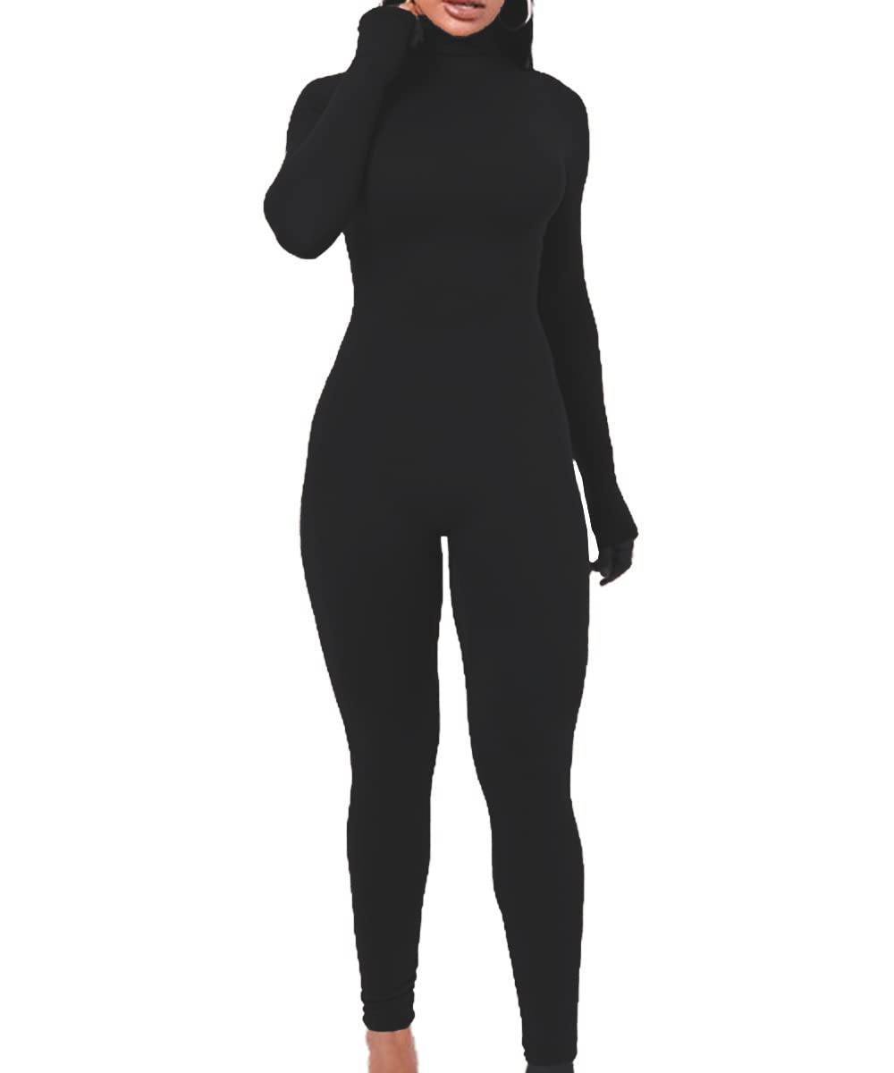 YIMISAN Women's Long Sleeve Bodycon Jumpsuit - High Neck Sexy Romper with Leggings for Workout, Yoga & Night Out | Stretchy One Piece Outfit for Women