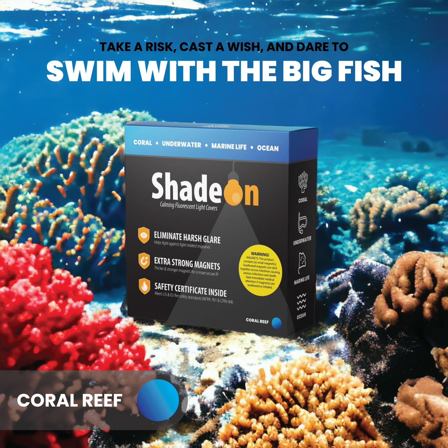 ShadeOn 2x4 ft Magnetic Fluorescent Light Covers for Ceiling Lights (4-Pack) - Coral Reef Design for Classrooms, Offices & Workspaces - Reduce Glare & Improve Lighting