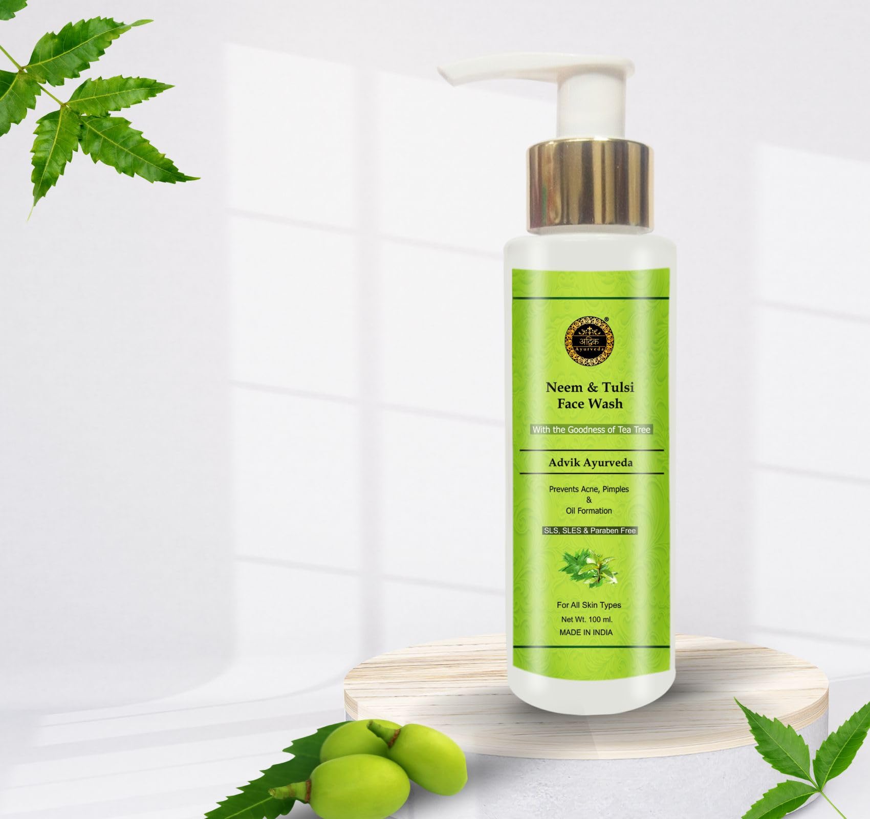 Advik Ayurveda Neem Basil Face Wash with Tea Tree for Acne & Pimples | Anti-Acne Neem Tulsi Cleanser | Natural Face Wash for Men & Women | Perfect for Daily Skincare & Acne-Prone Skin