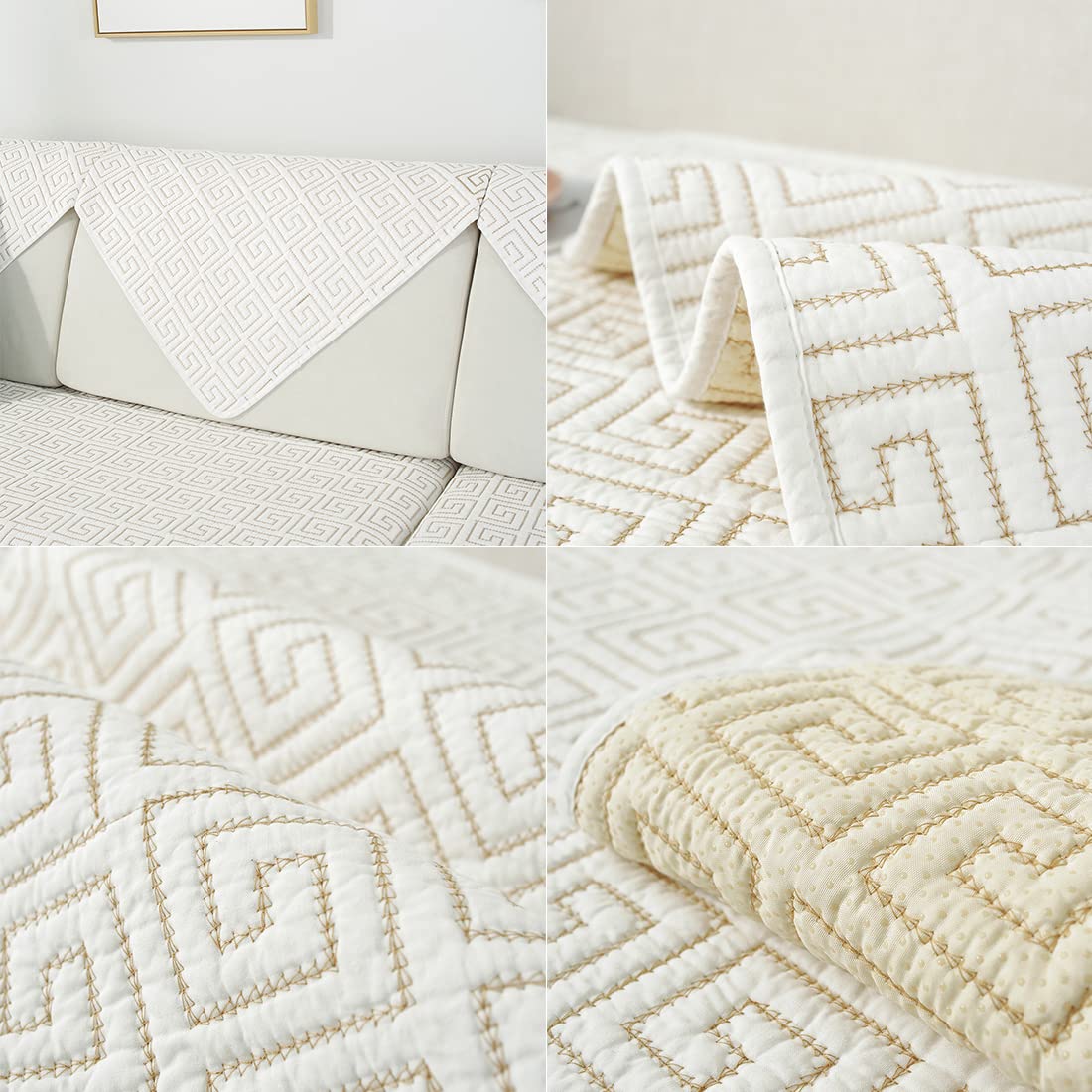Geometric Embroidery Cotton Sofa Cover - Non-Slip Quilted Sectional Couch Protector - Farmhouse Solid Color Slipcover for Dogs, Kids & Pets (36
