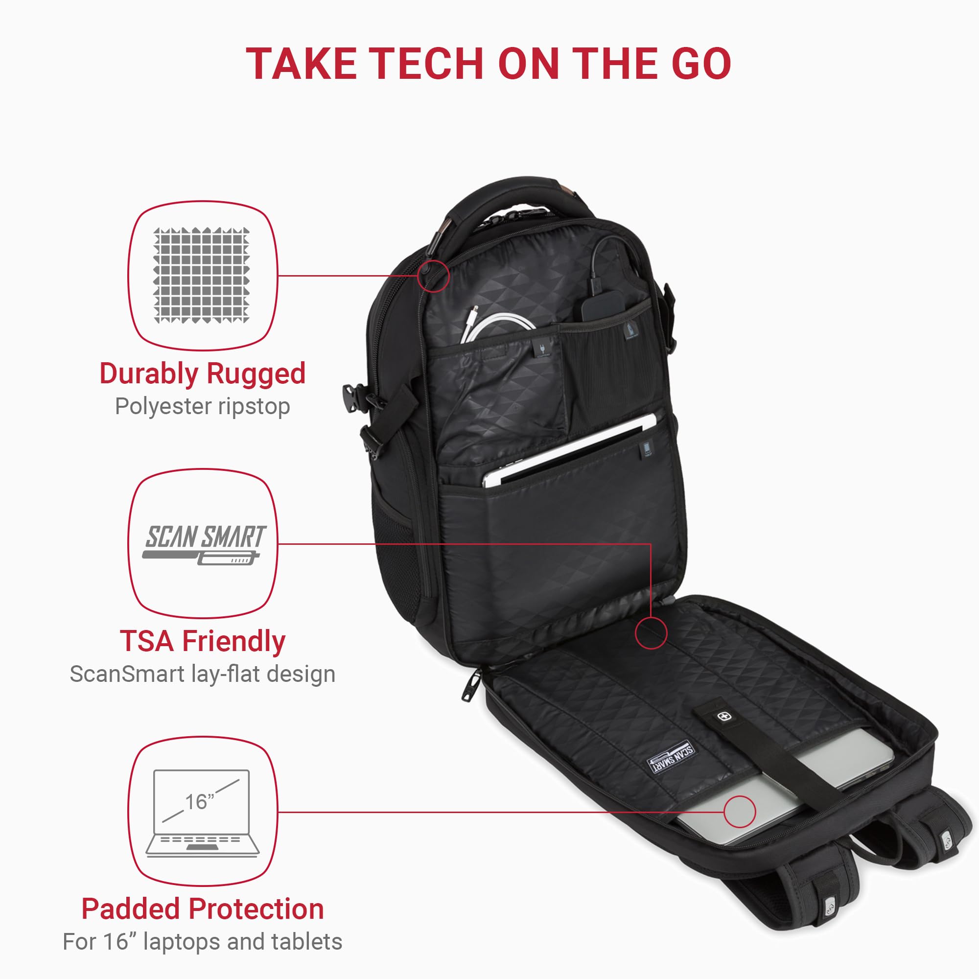 SwissGear ScanSmart Laptop Backpack for 15-Inch Notebook - Black Stealth | TSA-Approved Business Travel & College Commuter Bag