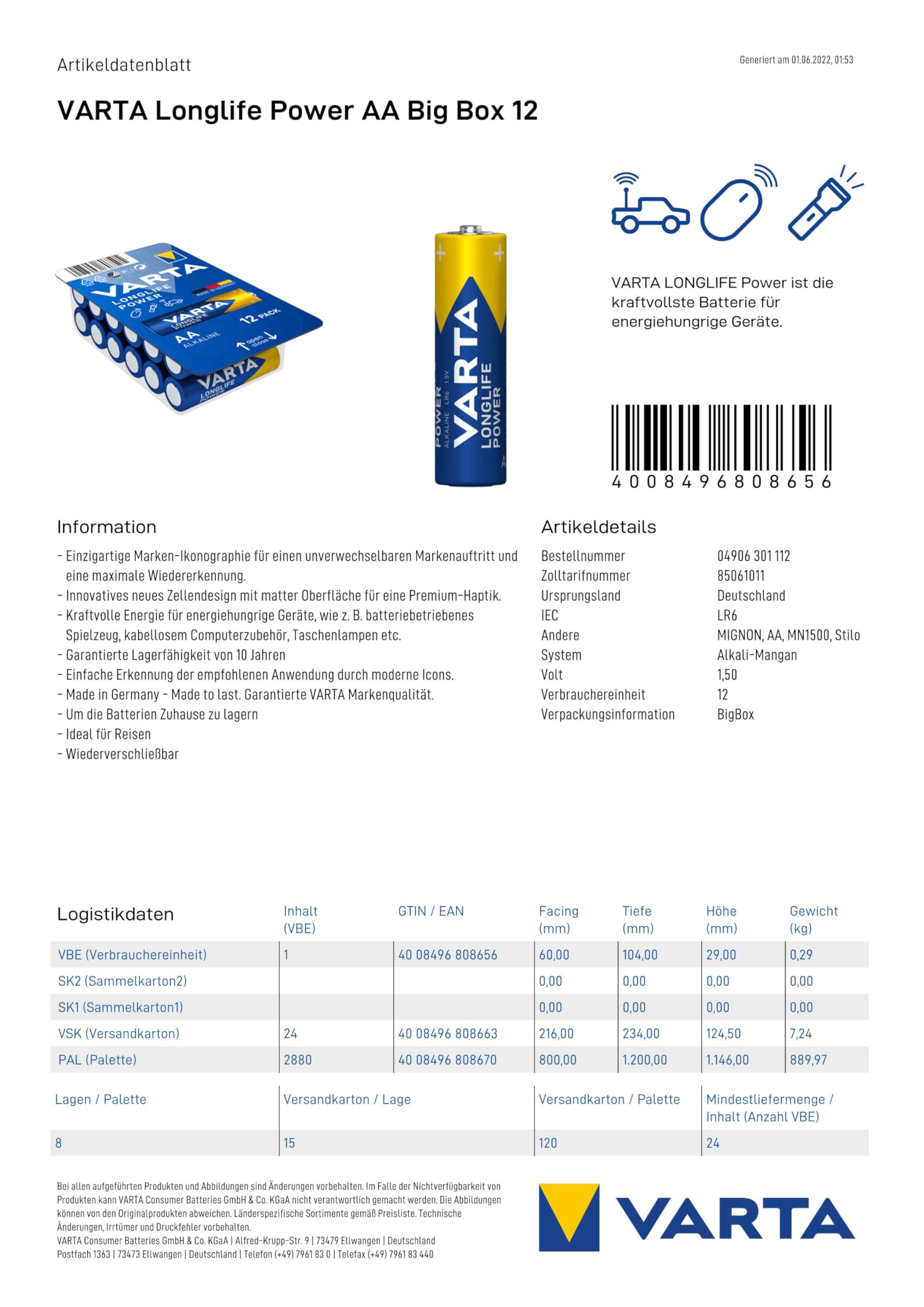 Varta Longlife Power AA Alkaline Batteries (12-Pack) - High-Performance LR6 Mignon Batteries Made in Germany - Perfect for Toys, Flashlights, Game Controllers, Remote Controls & Electronic Devices - Long-Lasting Power for Daily Use