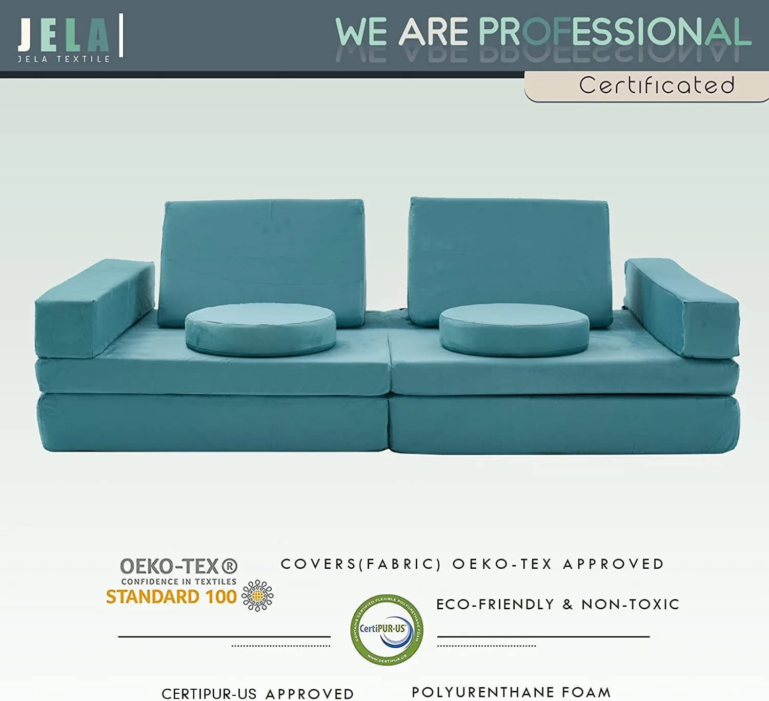 Jela Modular Sectional Sofa - 10PCS Extended Size Floor Couch with Futons, Foam Play Furniture for Kids & Adults (Light Blue) - Perfect for Playrooms, Living Rooms & Small Spaces