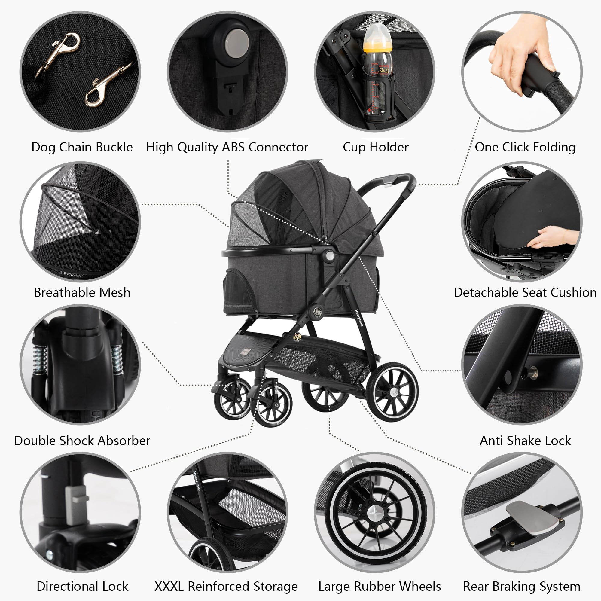 Kenyone 3-in-1 Pet Stroller for Small to Medium Dogs & Cats - Detachable Carrier for Puppies, Kittens & Bunnies (Black C510) | Perfect for Vet Visits, Park Walks & Travel Adventures