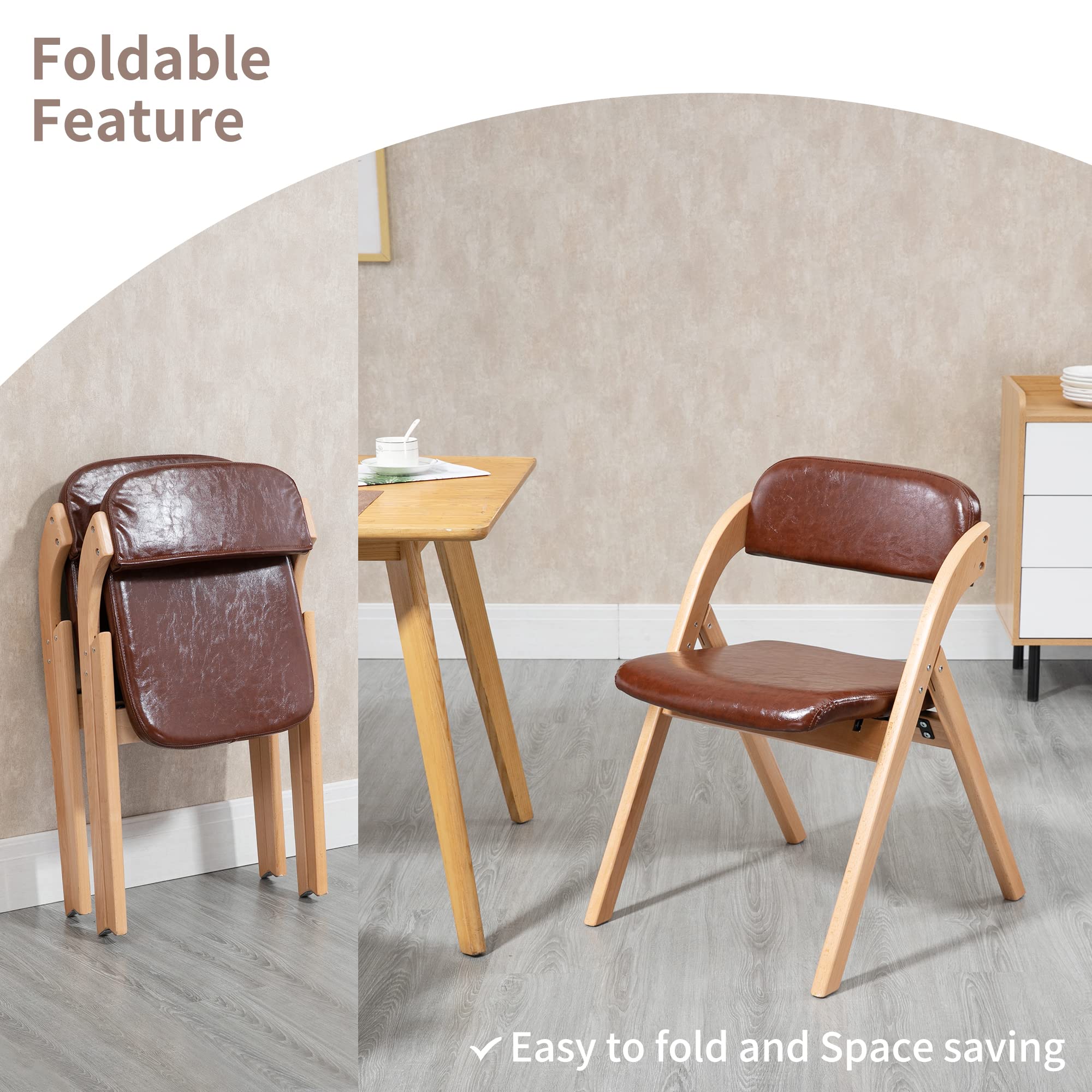 HOMEFUN PU Folding Chairs with Padded Seats - Set of 2 Wooden Stackable Dining Chairs for Kitchen, Office, Wedding & Guest Use - Easy to Assemble Space-Saving Furniture for Home & Events
