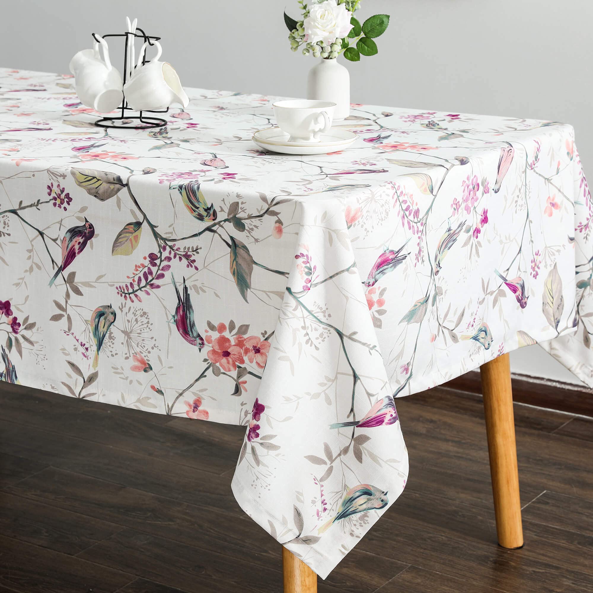Premium Pink Floral & Bird Linen Tablecloth - Wrinkle-Free, Fade-Resistant 52x84 Inch Rectangle Table Cover for Kitchen, Dining, Party, Wedding & Holiday Buffet - Elegant Home Decor & Event Table Setting