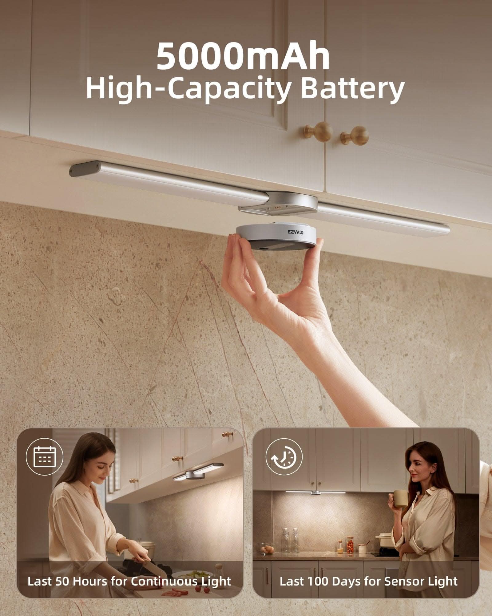 EZVALO EzLumiBar Pro Motion Sensor LED Cabinet Light - Rechargeable Under Cabinet Lighting with Hand Sweep Dimming, 3 Brightness Modes - Perfect for Kitchen, Closet, Bookshelf & Night Light Use