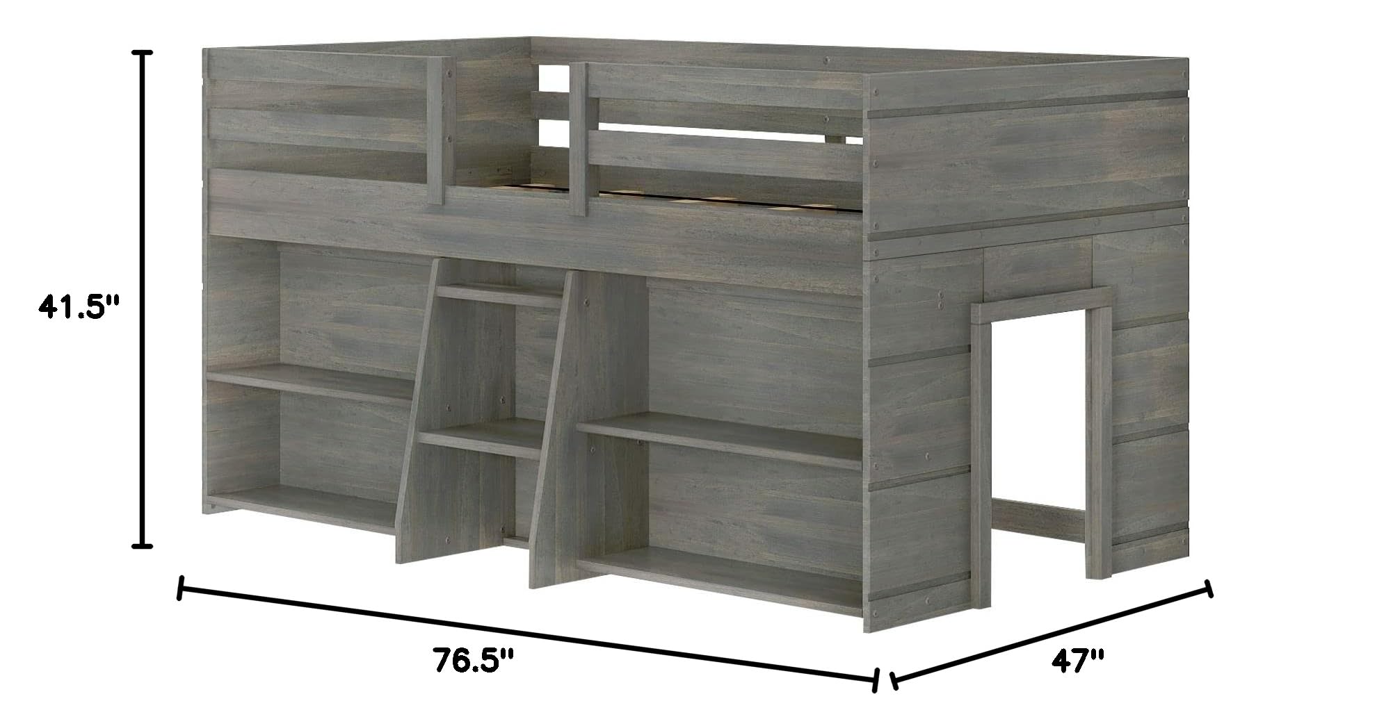 Modern Farmhouse Low Loft Twin Bed Frame for Kids with 2 Built-in Bookcases - Solid Wood Driftwood Finish - Space-Saving Study & Play Solution for Small Bedrooms