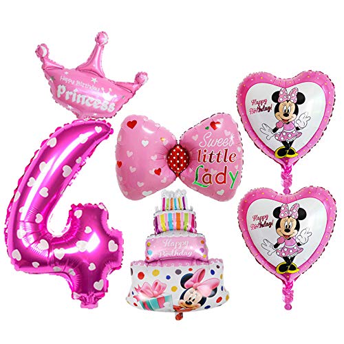 BCD-PRO 4th Birthday Mickey & Minnie Mouse Balloon Set (6-Pack) - Party Decorations with Ribbons - Perfect for Girls' Birthday Parties & Disney Themed Celebrations
