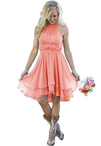 Elegant Coral Chiffon Halter Bridesmaid Dress for Women - Western Wedding Guest Dress Size 4 | Perfect for Summer Weddings, Bridal Showers & Formal Events