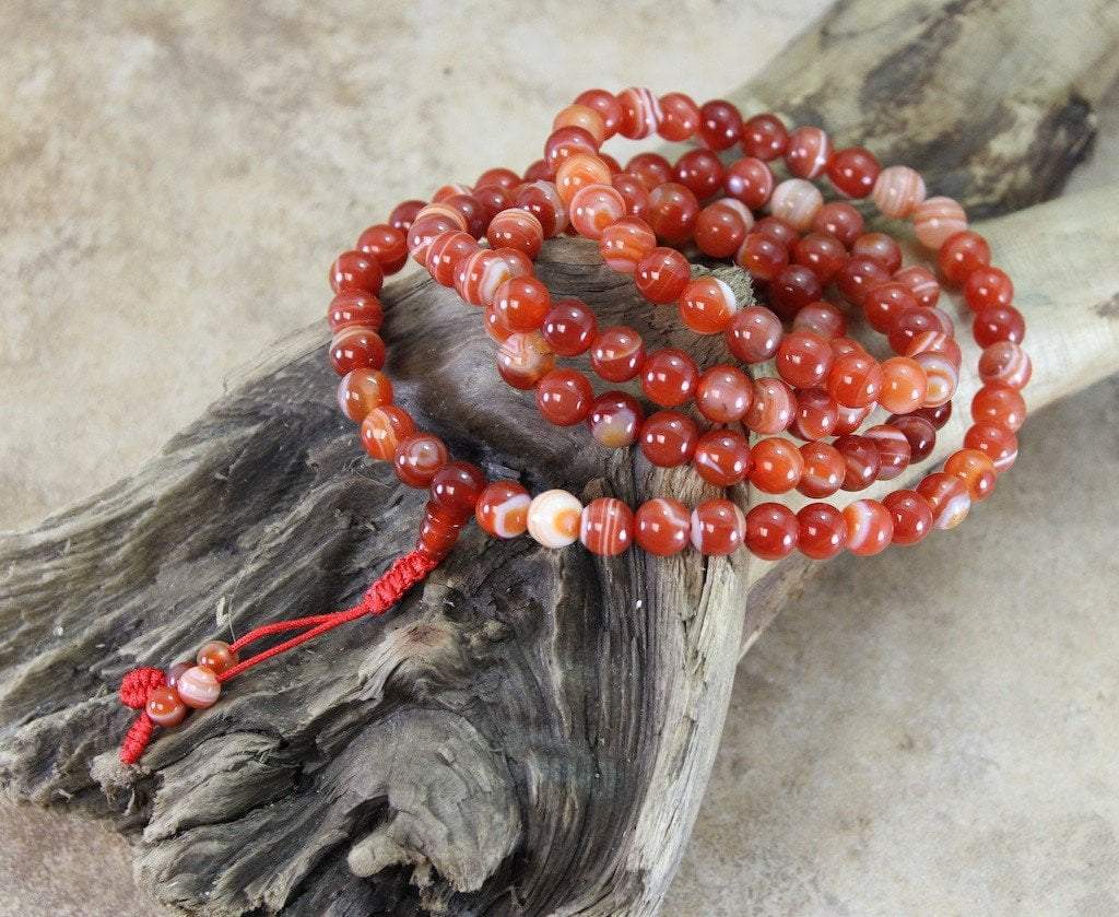 108 Bead Striped Red Agate Tibetan Mala Prayer Necklace - Buddhist Meditation Beads for Yoga, Mindfulness & Spiritual Healing