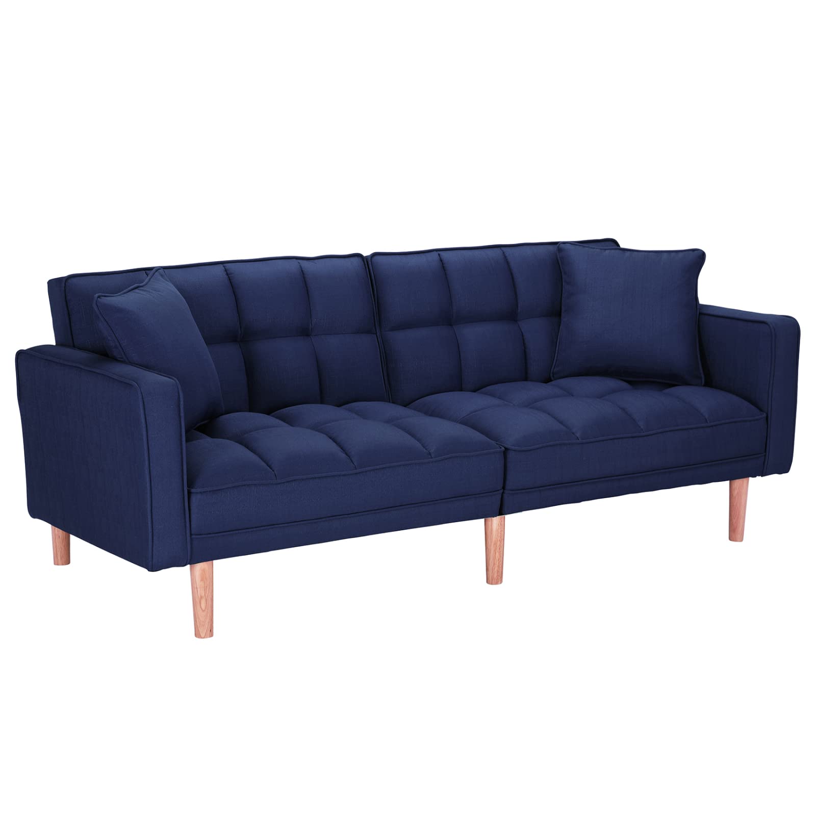 Modern Convertible Futon Sofa Bed - 3 Adjustable Angles, Solid Wood Legs, Blue Fabric (75