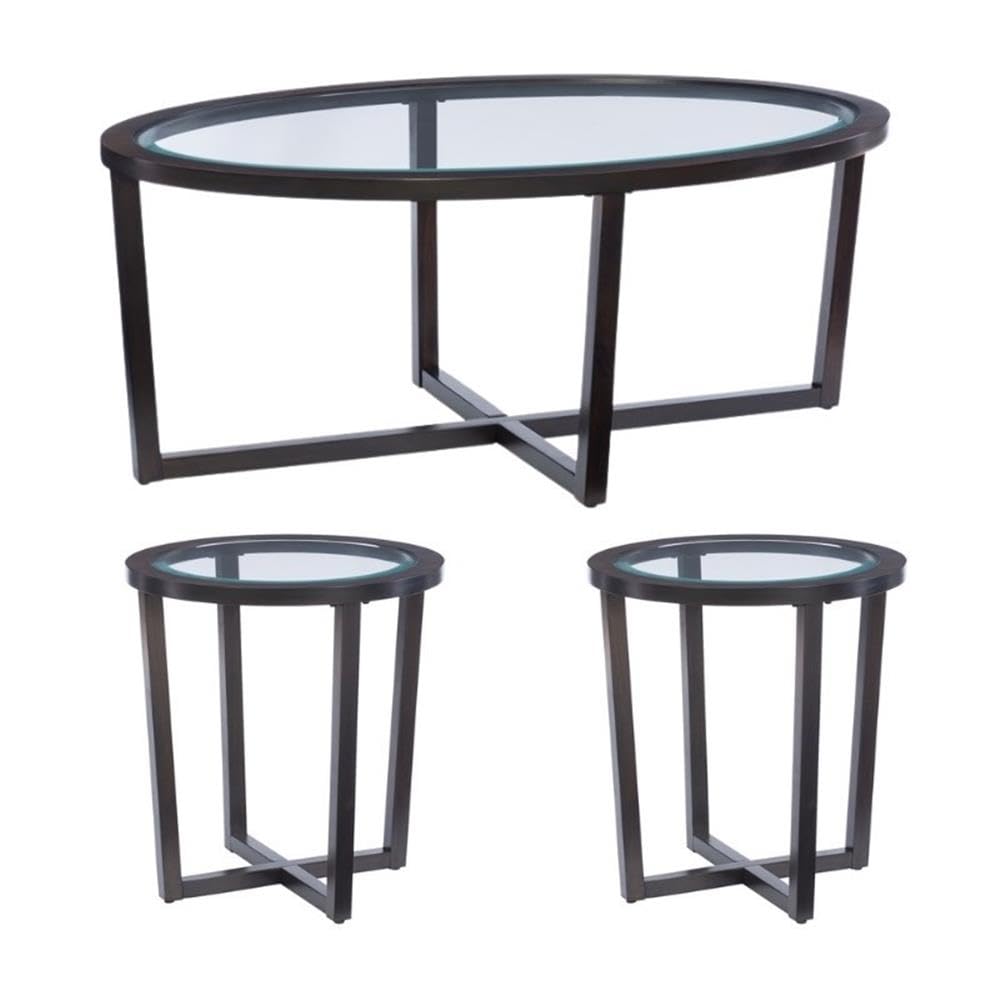 Pemberly Row 3-Piece Round Coffee Table Set with Glass Top - Wooden Living Room Furniture (1 Coffee Table + 2 End Tables) in Rich Umber Finish - Perfect for Small Spaces, Apartments & Cozy Living Rooms
