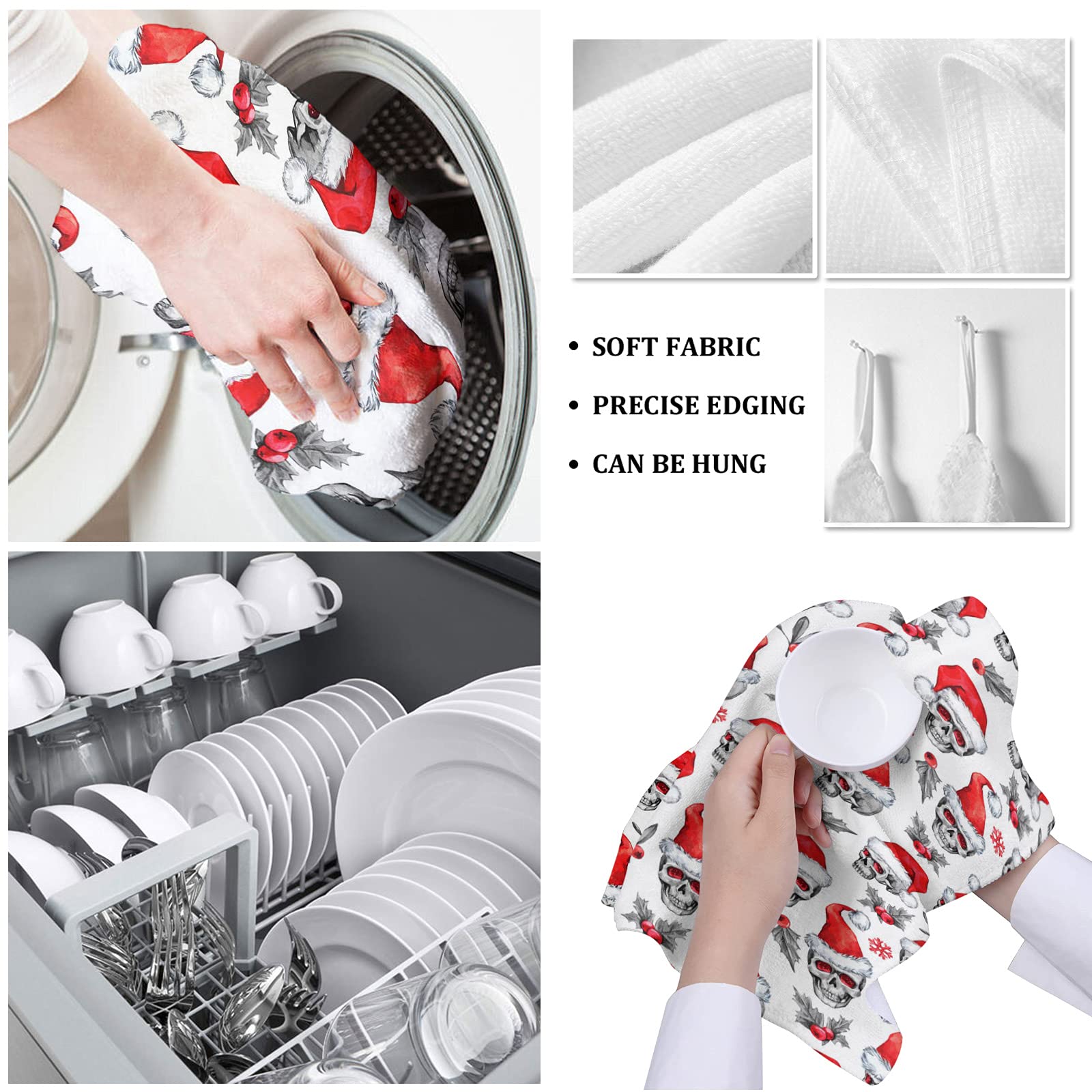 Premium Halloween & Christmas Skull Print Kitchen Towels - 16x28 Inches Soft Cotton Dish Cloths, Tea Towels & Hand Towels (2 Pack) - Perfect for Holiday Decor, Dish Drying & Bar Use