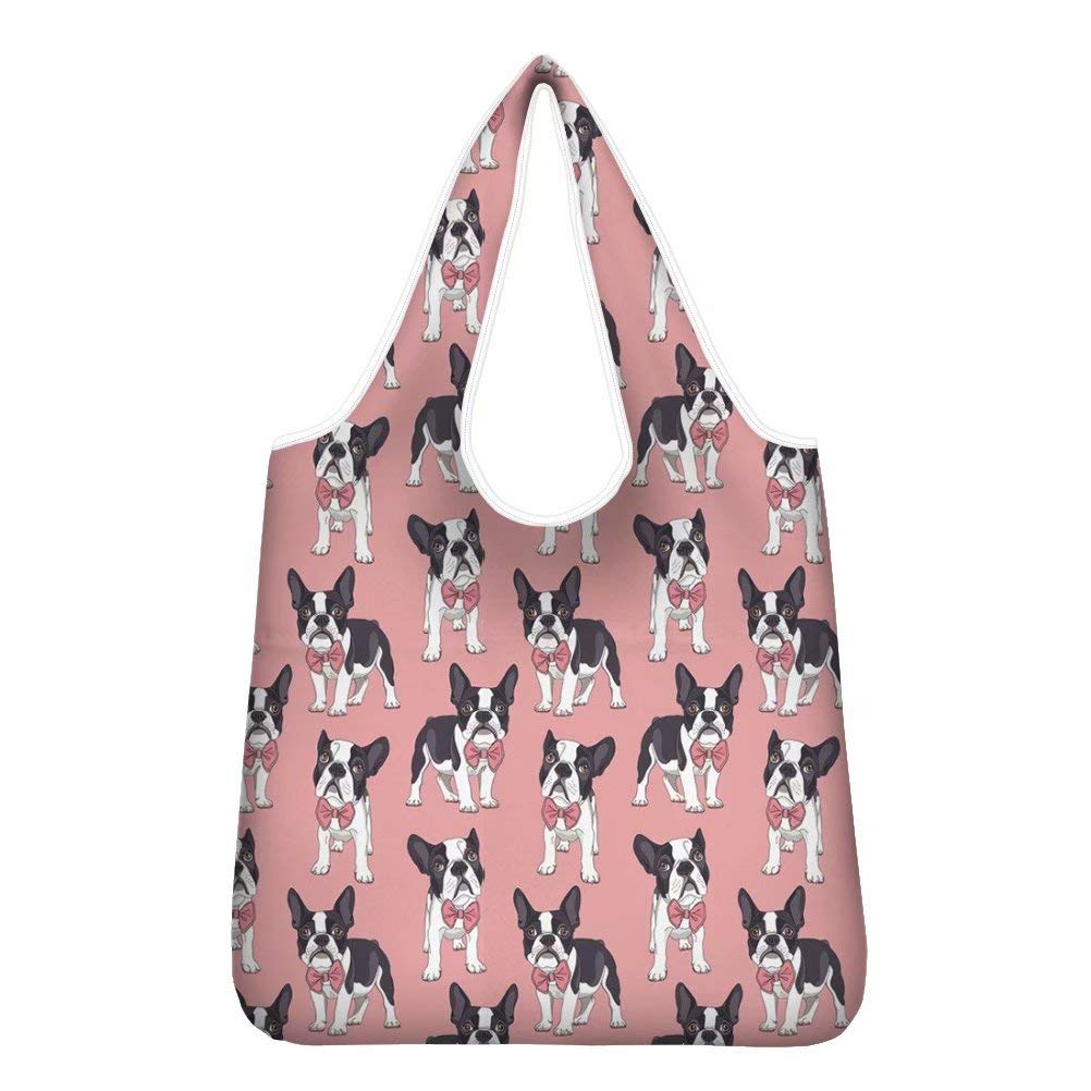 AFPANQZ Reusable Eco-Friendly Boston Terrier Grocery Shopping Tote Bag - Washable Shoulder Tote with Inner Pocket & Handles (Pink) - Perfect for Grocery Shopping, Farmers Market & Daily Errands