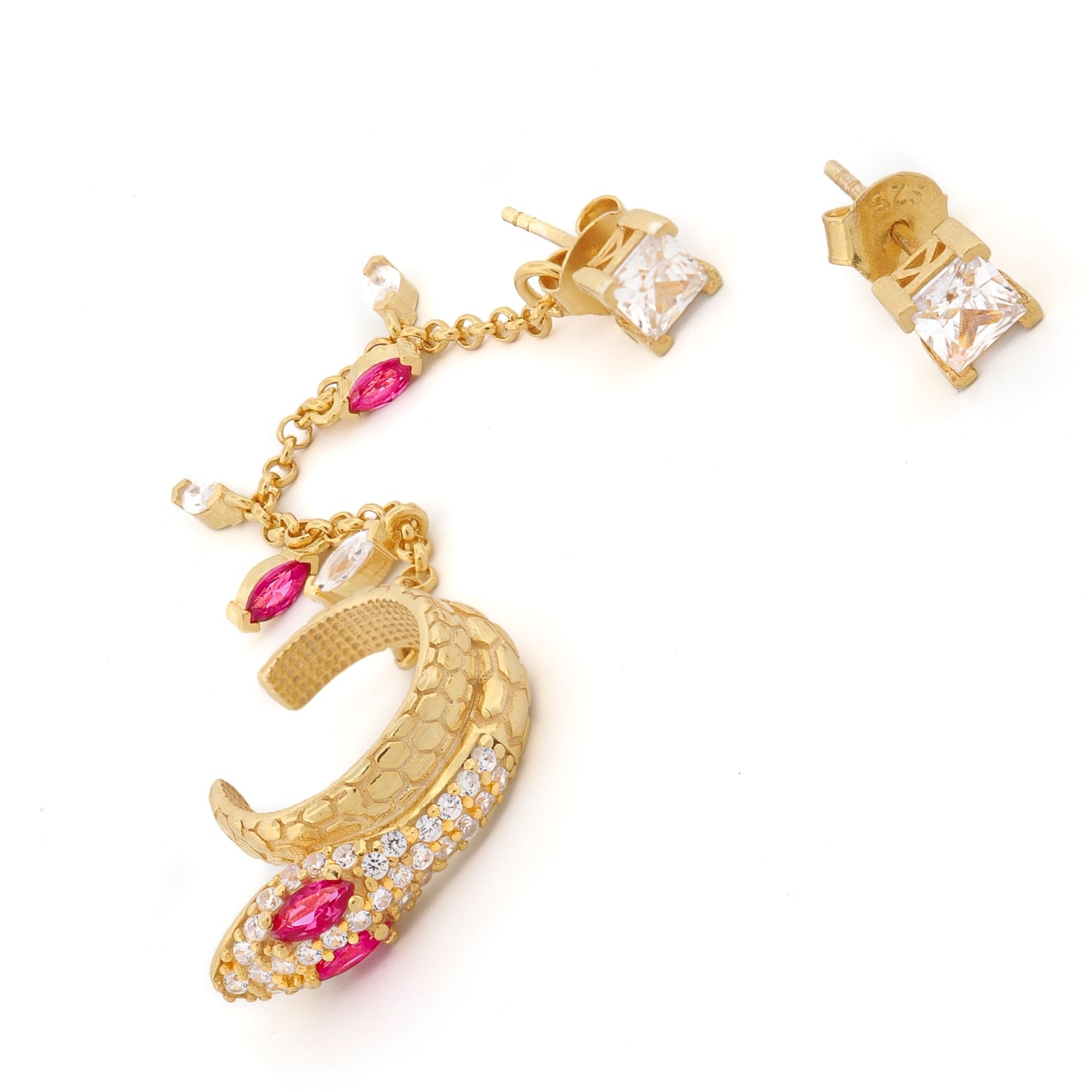 Exquisite Diamond & Ruby Snake Cuff Stud Earrings in Gold - Unique Fashion Jewelry for Women - Perfect for Parties, Weddings & Special Occasions