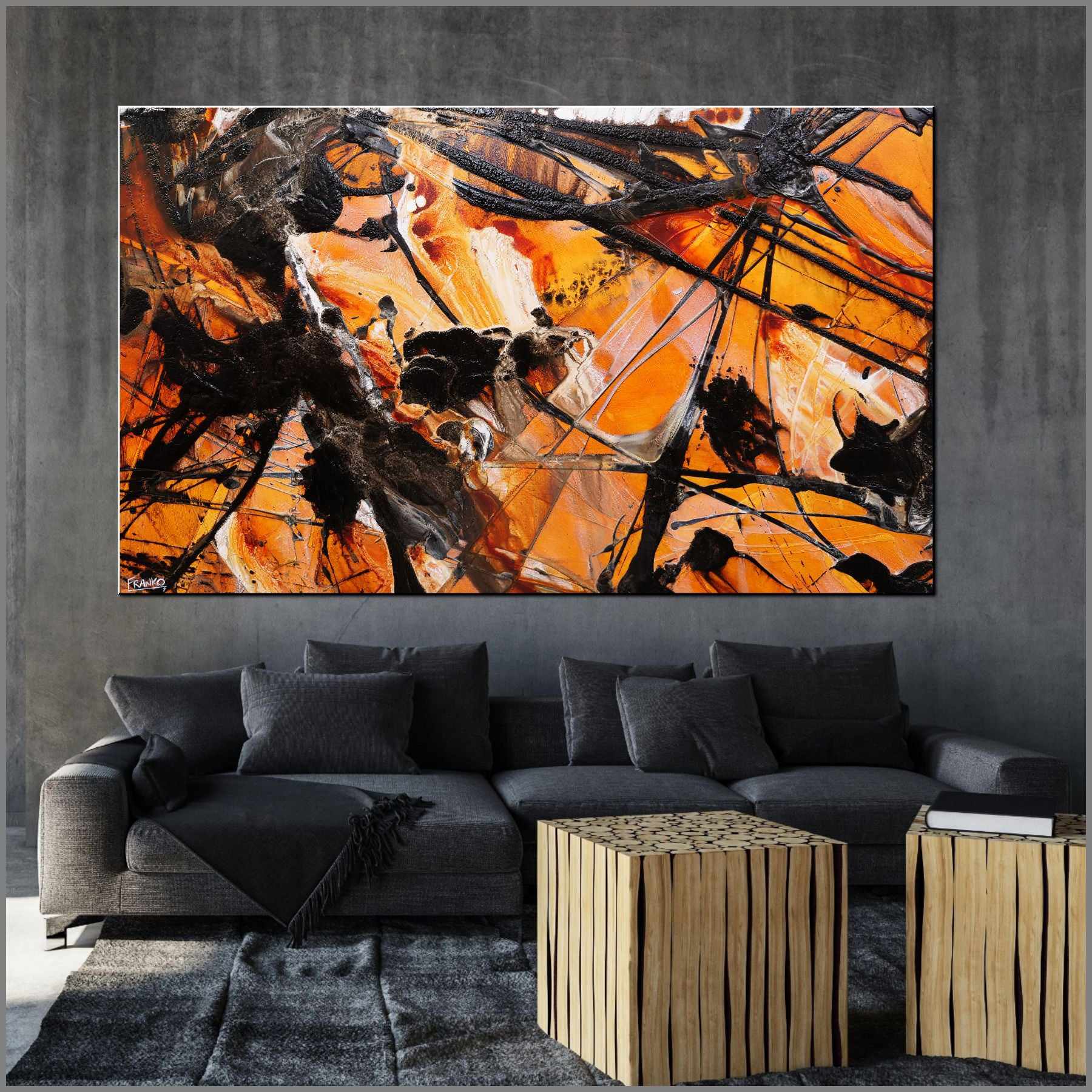 Rustic Abstract Wall Art - 79x47 Inch Ochre & Black Textured Canvas Painting for Living Room, Bedroom & Office Decor