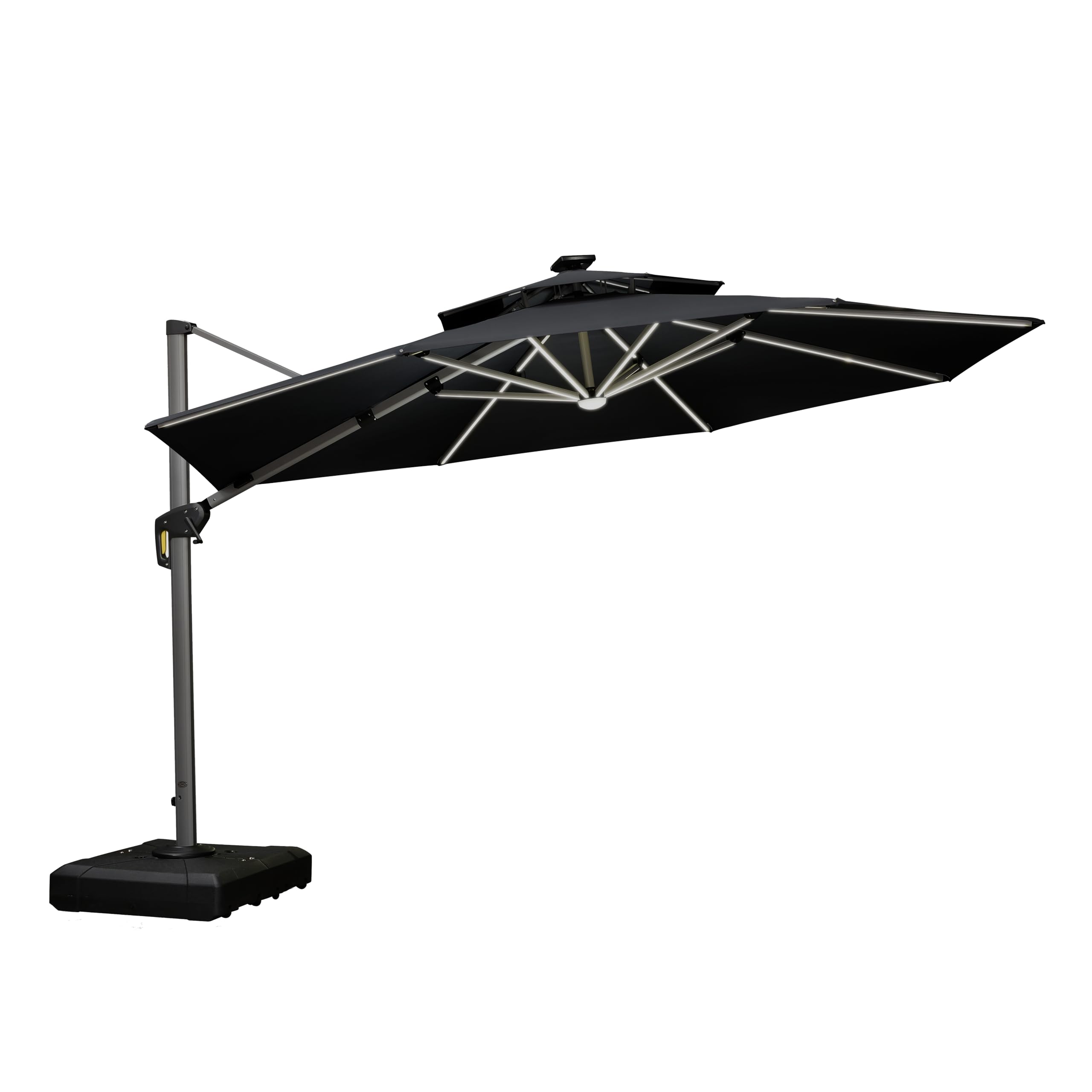 12ft Solar Powered LED Patio Umbrella - Large Windproof Cantilever Outdoor Umbrella with Bright LED Lights for Garden, Pool, Deck & Backyard - Heavy Duty Sun Shade Perfect for Lounging, Dining & Outdoor Relaxation (Black)