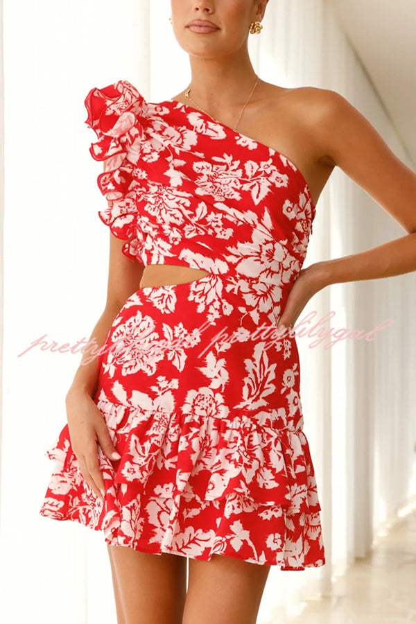 Floral Print One Shoulder Ruffled Waist Cutout Mini Dress - Sexy Summer Party Dress for Women, Beach Vacation, Date Night & Cocktail Events