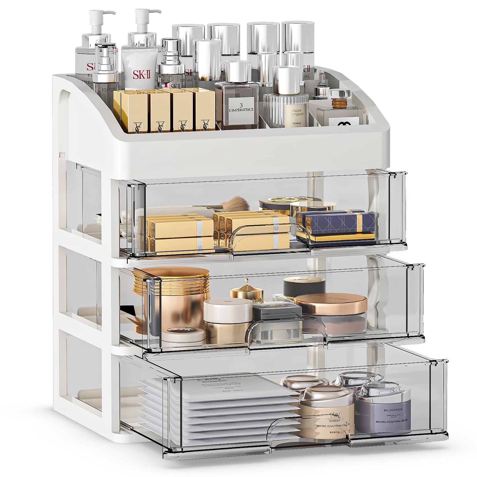 3-Drawer Makeup Organizer for Vanity & Bathroom Countertop - Cosmetic Storage Case with Drawers, Beauty Display Organizer for Desk & Dresser - Perfect for Makeup Brushes, Lipsticks, and Skincare Products