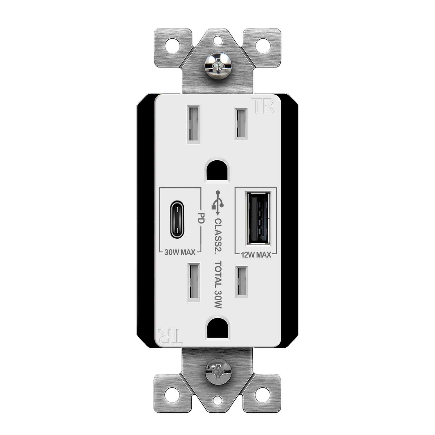 15 Amp Duplex Outlet with USB A/C Ports - 30W Fast Charging, Tamper Resistant, White - Perfect for Home, Office & Kitchen Charging Stations