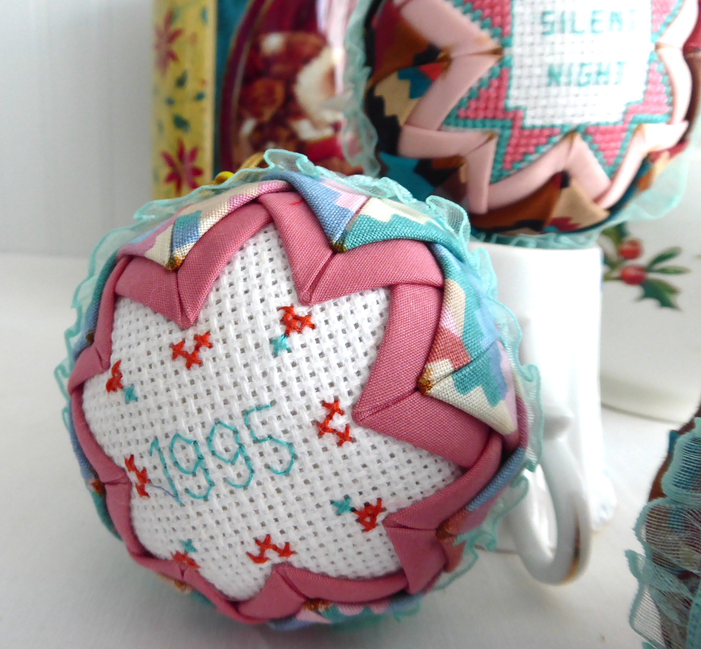 Handmade Cross Stitch Christmas Ornaments Set of 5 - Aqua, Salmon Pink & Burgundy Patchwork Decorations for Holiday Tree, Gift Giving & Festive Home Decor