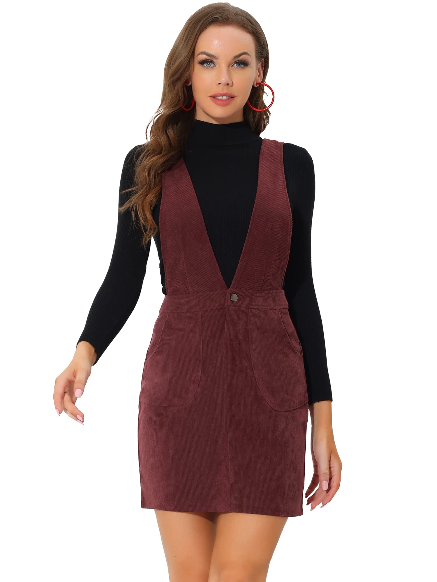 Allegra K Women's Corduroy Pinafore Dress - V Neck Suspender Strap Mini Skirt | Casual Outfit for Fall & Winter, Date Night, Office Wear