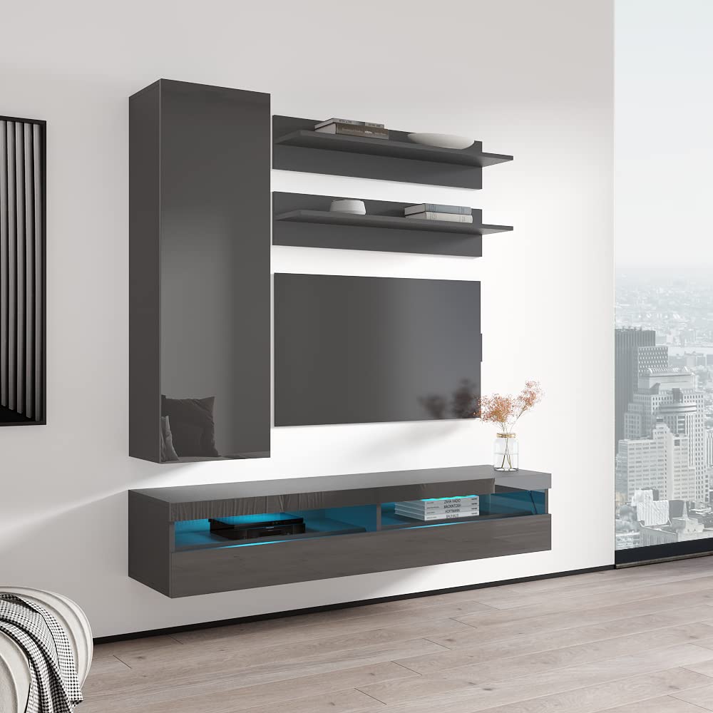 Modern Floating TV Stand Wall Mounted - 35 Inch Entertainment Center with Storage Shelves & LED Lights for Bedroom & Living Room - Space-Saving Gray Media Console for Flat Screen TVs - Perfect for Small Apartments & Home Theater Setup