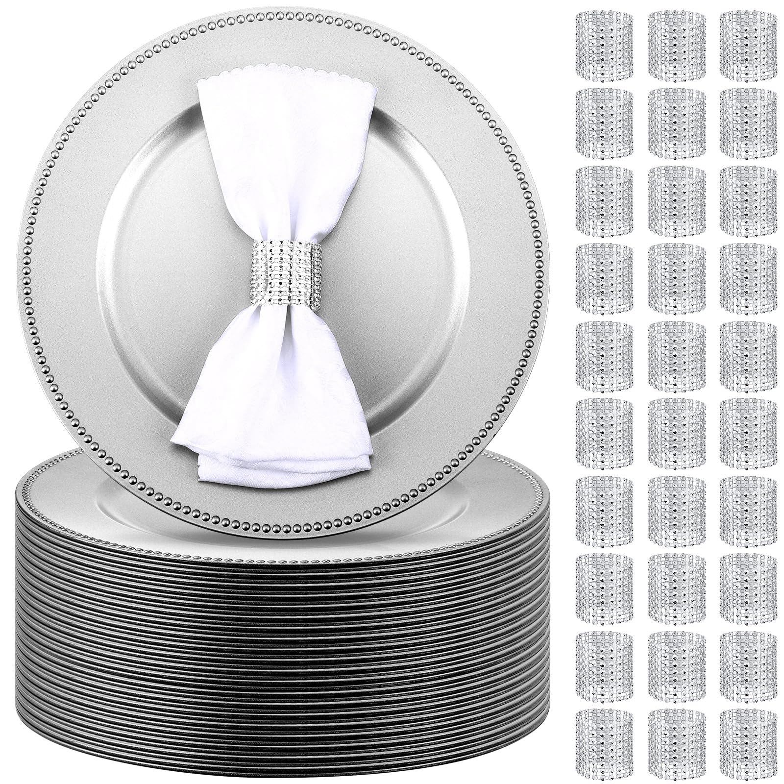 Bokon 100-Piece Silver Charger Plates Set with 200 Beaded Napkin Rings - 13 Inch Round Diamond Mesh Design for Elegant Dinner, Wedding, and Party Decorations - Perfect for Formal Events, Banquets, and Special Occasions