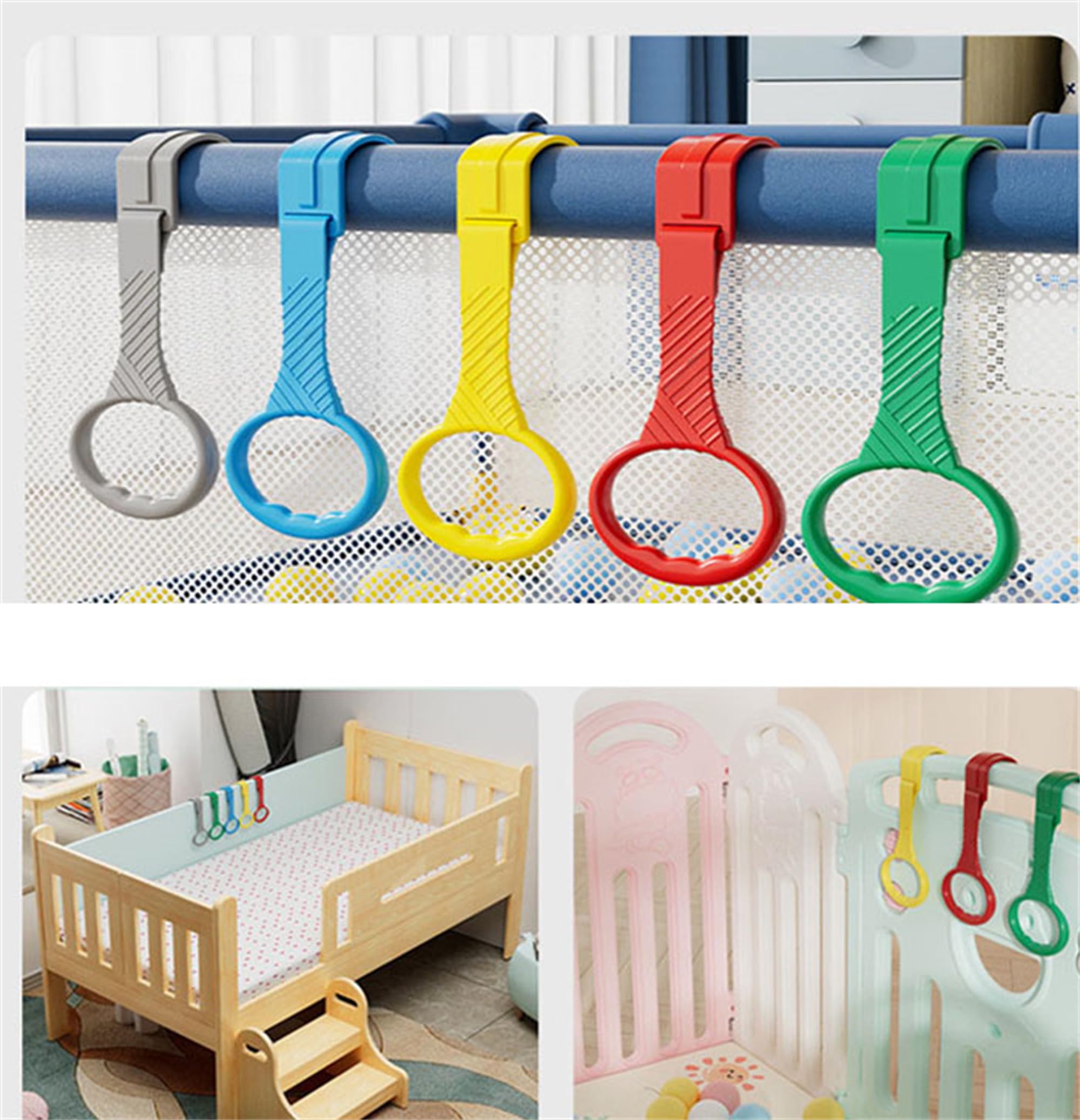 5pcs Baby Crib Pull Rings - Colorful Plastic Walk Assistant Rings for Infants & Toddlers - Help Baby Practice Standing & Walking - Perfect for Cribs, Playpens & Early Development Training (5 Colors)