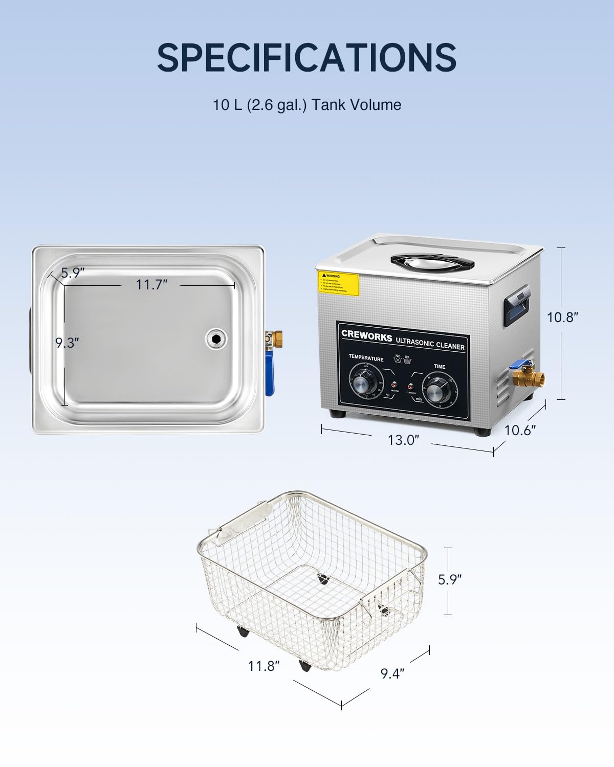 CREWORKS 10L Ultrasonic Cleaner with Heater & Timer, 240W Stainless Steel Cleaning Machine for Jewelry, Glasses, Auto Parts, Lab Tools - 2.6 Gallon Professional Grade for Home, Workshop & Industrial Use