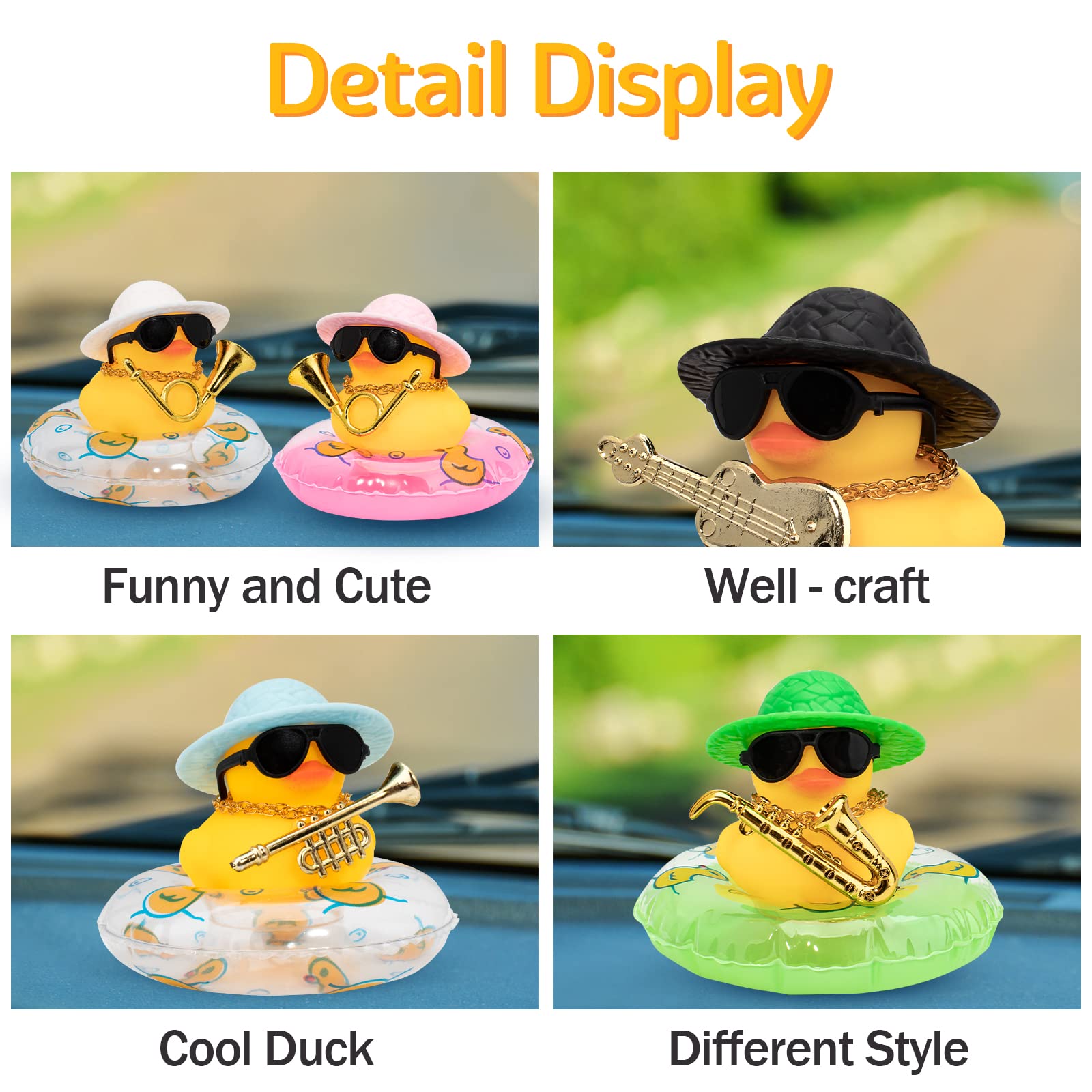 Wonuu Cool Rubber Duck Car Dashboard Decorations - Fun Duck Ornament with Sunglasses, Top Hat, Necklace & Swim Ring - Perfect for Car Accessories, Gifts & Office Desk Decor
