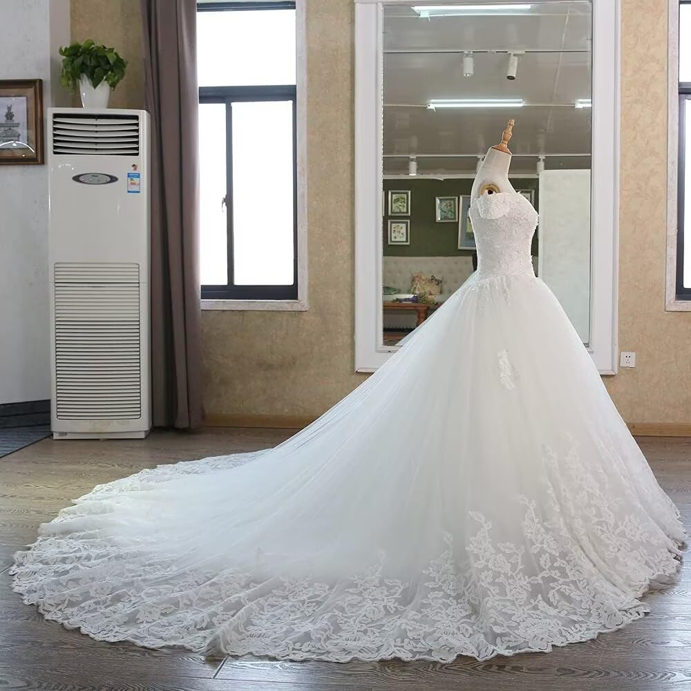 XYAYE Off Shoulder Lace Tulle Wedding Dress for Bride - Puffy Ball Gown with Long Train | Elegant Bridal Gowns for Church, Beach & Outdoor Weddings