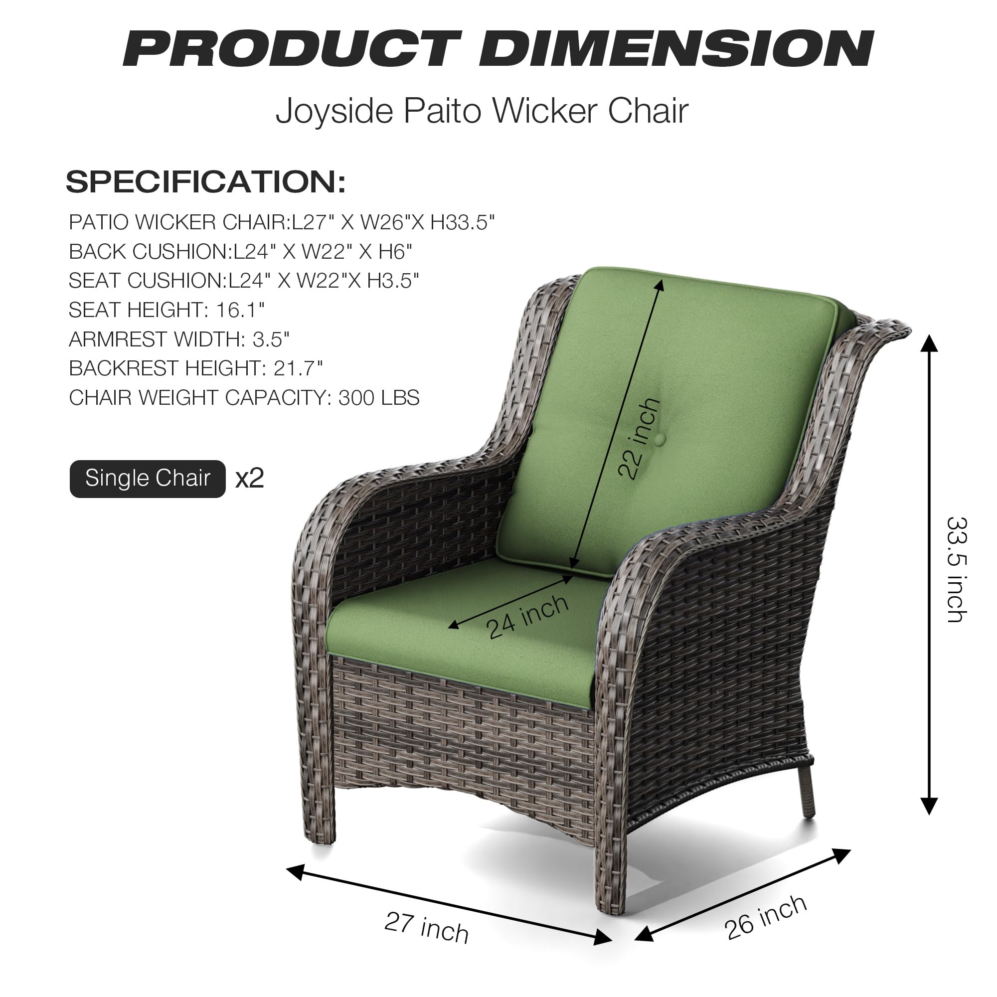 Joyside 2-Piece Outdoor Wicker Dining Chair Set - PE Rattan Patio Chairs with 4-Inch Cushions, Mixed Grey/Green - Perfect for Garden, Backyard, Deck & Poolside Relaxation