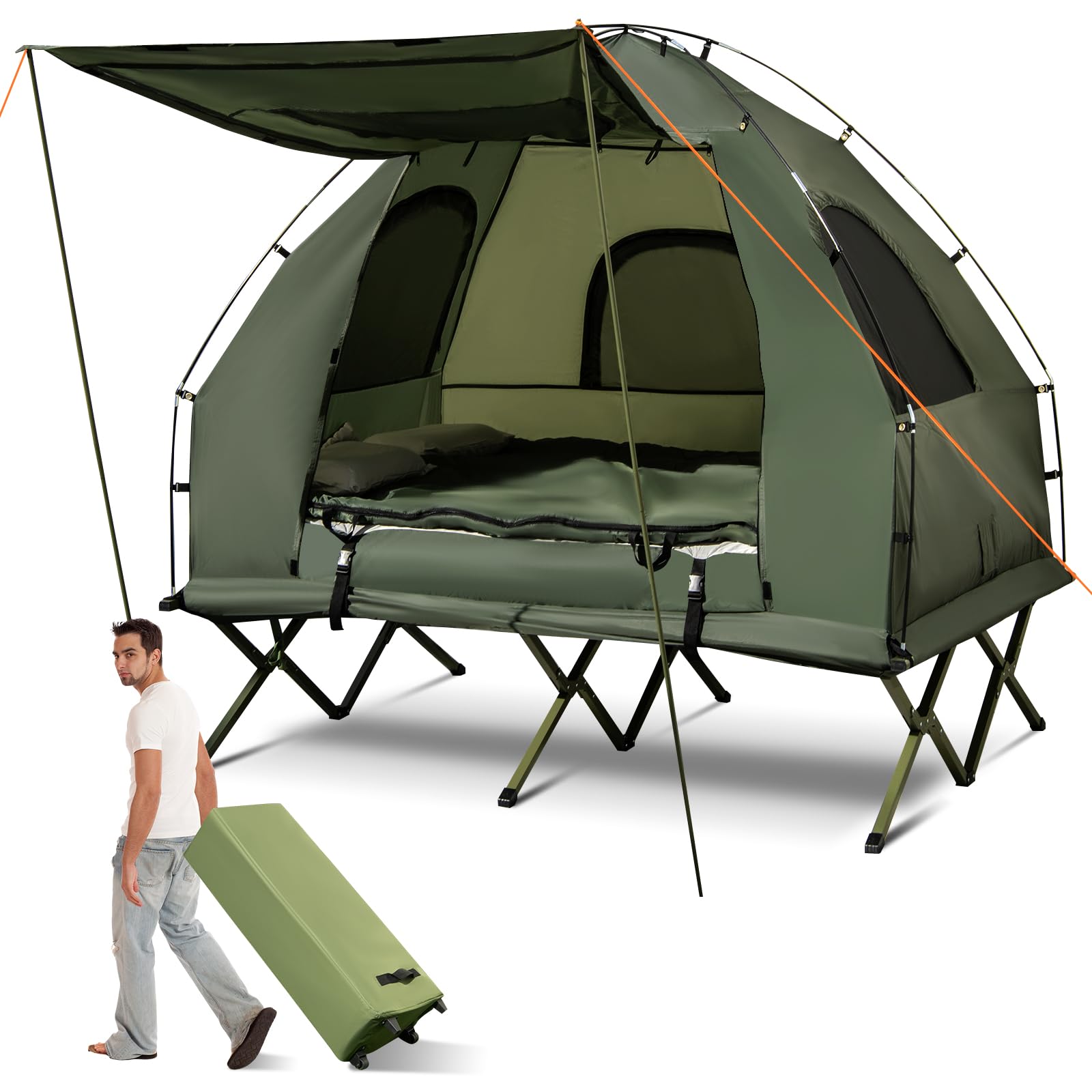 GYMAX 5-in-1 Folding Tent Cot with Mattress & Pillows - Portable Elevated Camping Bed with Sunshade and Carrying Bag - Perfect for Outdoor Adventures, Hiking, Fishing, Picnics and Backyard Camping
