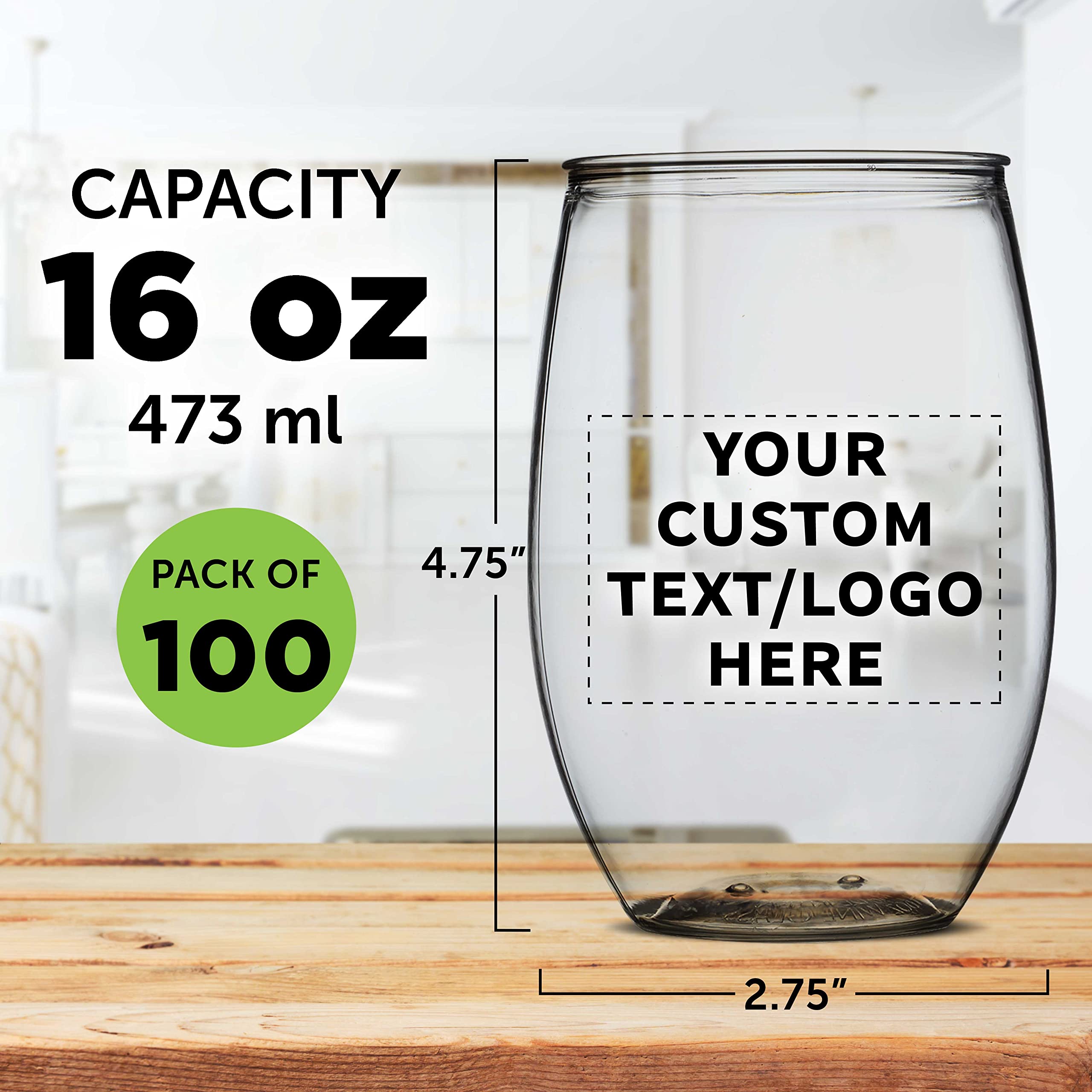 100-Pack Custom Plastic Stemless Wine Glasses 16 oz - BPA Free Bulk Party Cups for Outdoor Lounges, Poolside Gatherings, Weddings & Events - Clear Unbreakable Drinkware for Picnics, BBQs & Catering Services