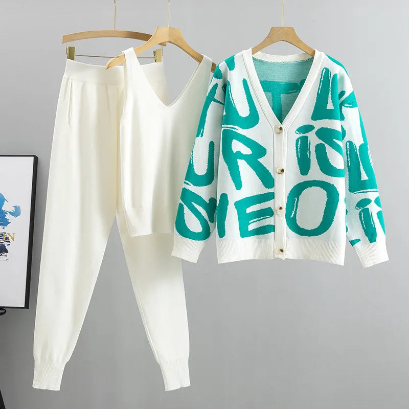 Stylish Autumn Women's 3-Piece Cardigan Tracksuit Set with Knitted Pocket & Letter Design - Cozy Sweater Outfit with Harem Pants for Fall Fashion | Perfect for Casual Wear, Office Outfits & Weekend Relaxation