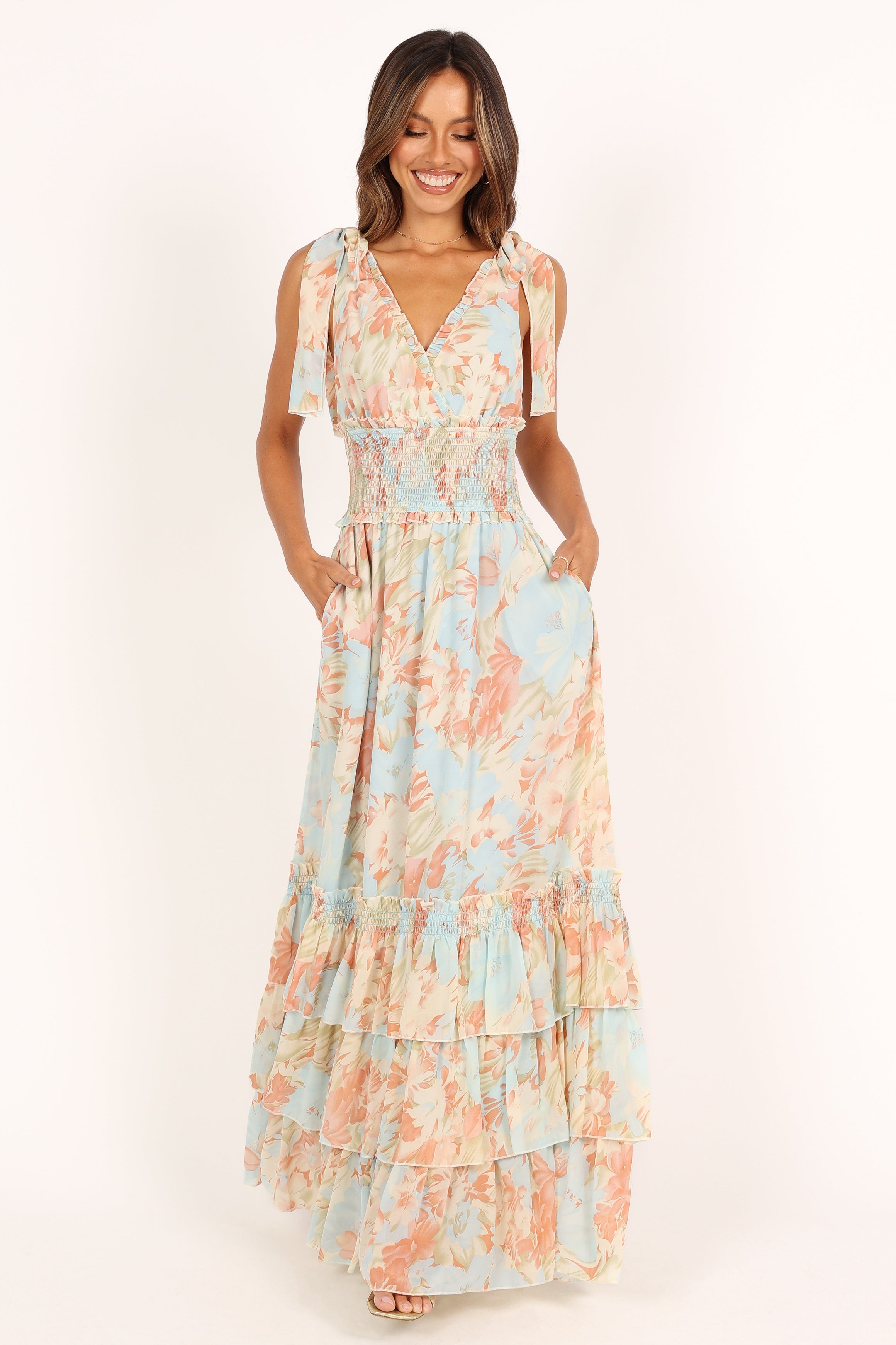 Christabel Women's Blue Floral Tiered Maxi Dress - Elegant Summer Beach Dress for Vacation, Wedding & Casual Wear