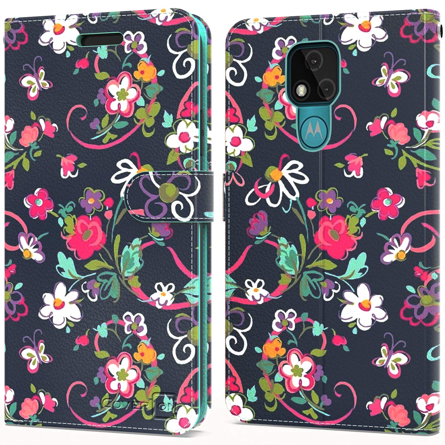 Premium Leather RFID Blocking Wallet Case for Motorola Moto E7 - Floral Design Flip Folio with Card Slots & Stand Feature | Perfect for Daily Use, Travel & Business Meetings