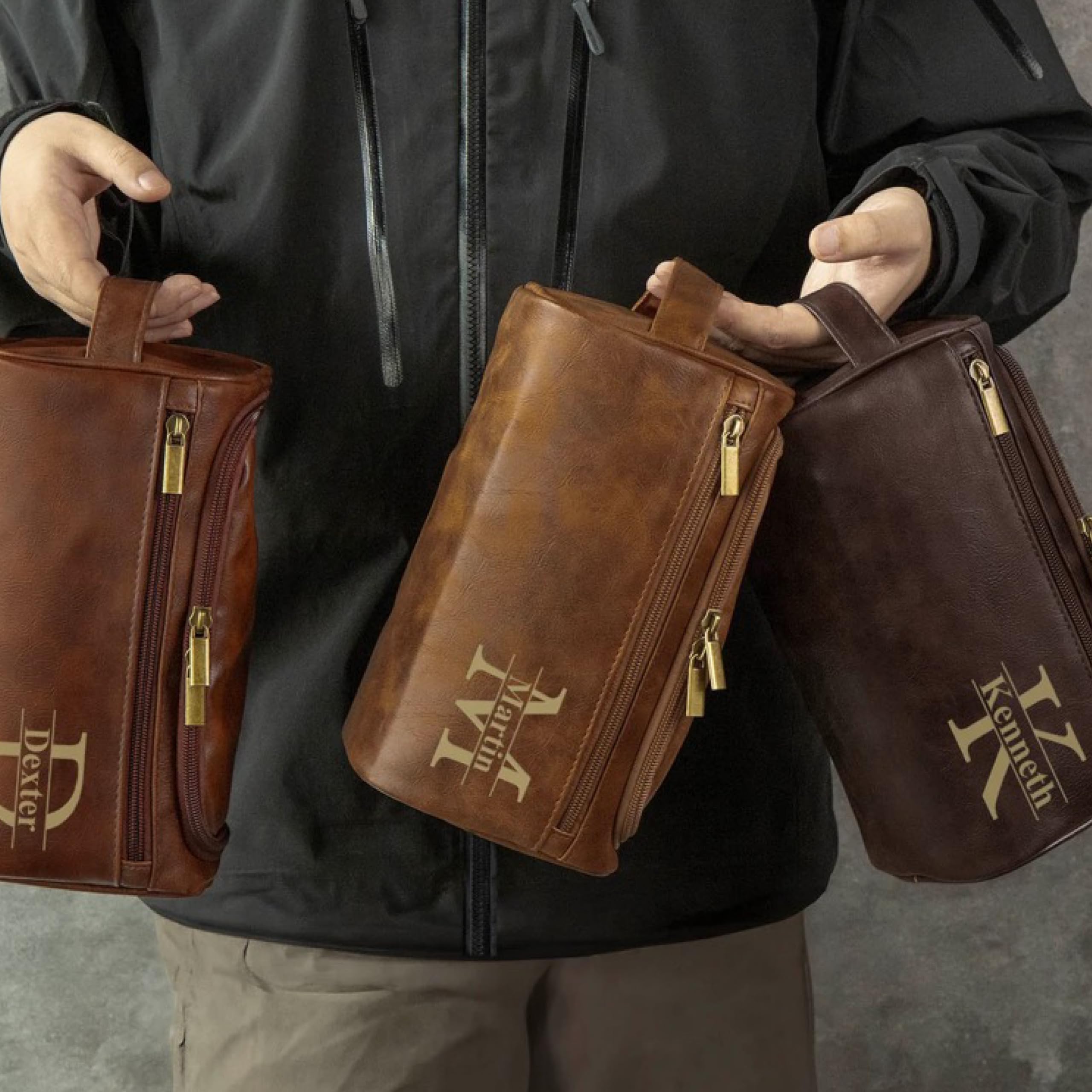 Personalized Leather Toiletry Bag for Men - Custom Monogrammed Hanging Travel Organizer & Cosmetic Case - Durable Dopp Kit for Shaving Essentials & Bathroom Accessories - Perfect Gift for Him - Ideal for Business Trips, Gym, Camping & Vacation Travel
