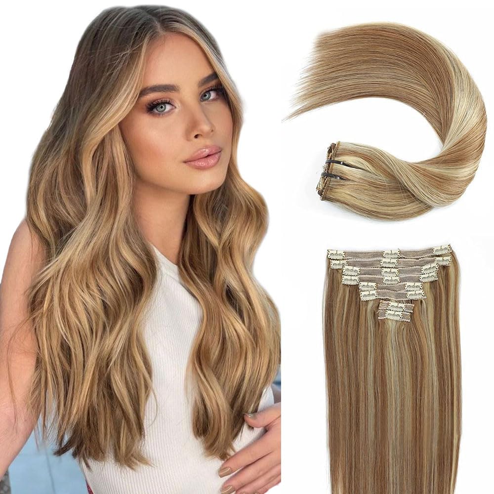 Clip-In Human Hair Extensions 8pcs 120g - Chestnut Brown Mixed Blonde Remy Hair (6/613, 22inch) | Thick Natural Hair Extensions for Women | Perfect for Daily Wear, Parties & Special Occasions