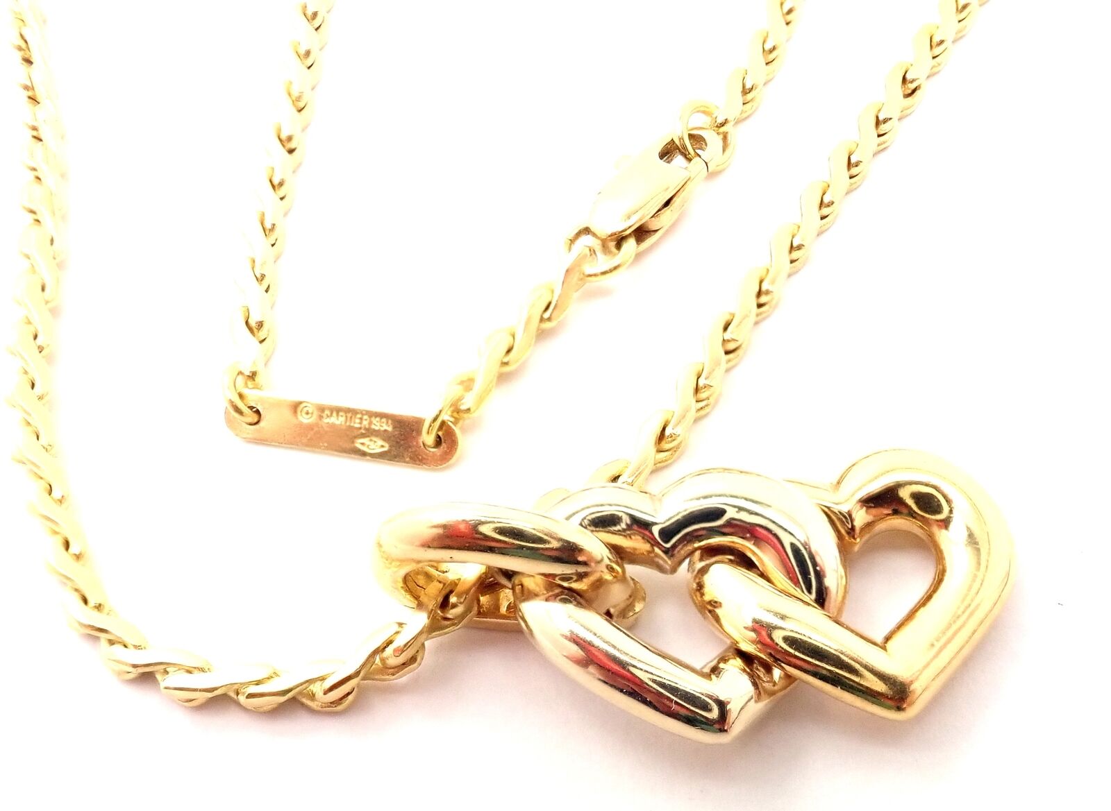 Authentic Cartier 18k Yellow & White Gold Double Heart Pendant Necklace with S Chain - Elegant Jewelry Gift for Women, Perfect for Anniversaries & Valentine's Day