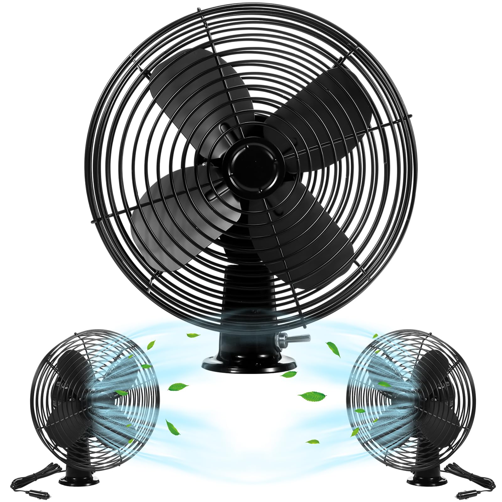 2 Pack 12V Heavy Duty Metal Cooling Fan with 2 Speed Switch & Cigarette Lighter Plug - 8 Inch Black RV Car Truck Van Boat Bus Fan for Summer Heat Relief & Ventilation