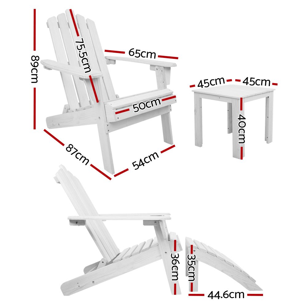 5-Piece White Wooden Adirondack Outdoor Table and Chairs Set - Patio Sun Lounge Furniture for Backyard, Garden, Poolside Relaxation
