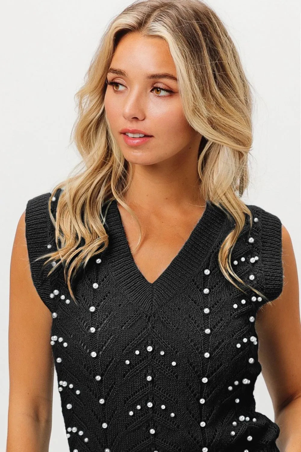 BiBi Chevron Pointelle Pearl Knit Top for Women | Elegant Casual Blouse | Perfect for Office Wear, Date Night & Spring Outfits