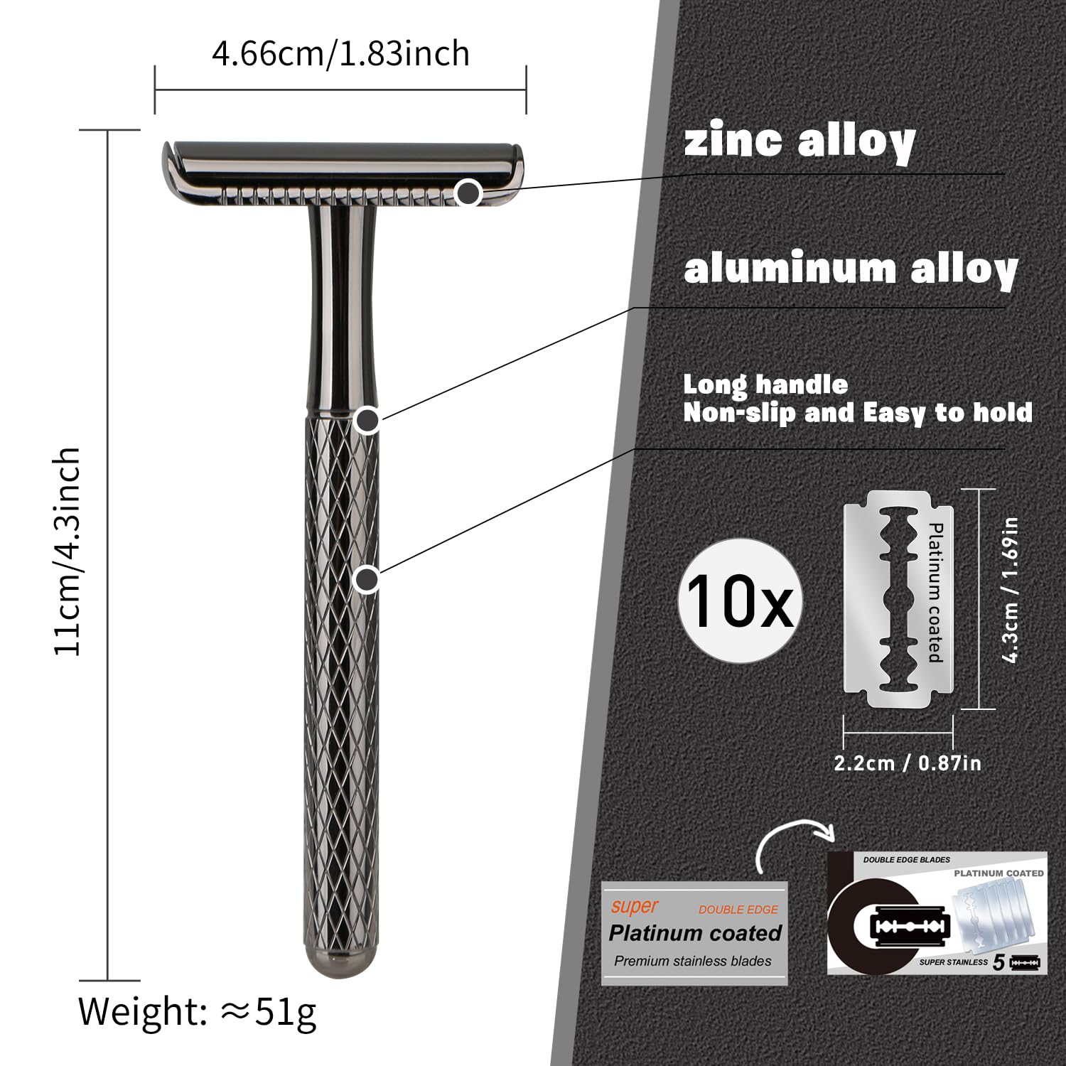 Premium Gun Black Safety Razor Kit - 1 Stainless Steel Razor, 10 Blades + Blade Bank with 30 Extra Blades | Perfect for Men's Wet Shaving & Travel Grooming