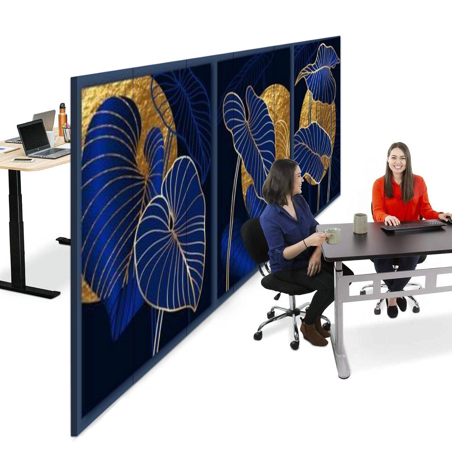 Luxury 6-Panel Canvas Room Divider Screen with Dark Blue & Gold Texture - Golden Sun Moon Design - Folding Privacy Partition for Bedroom, Office & Living Room Separator