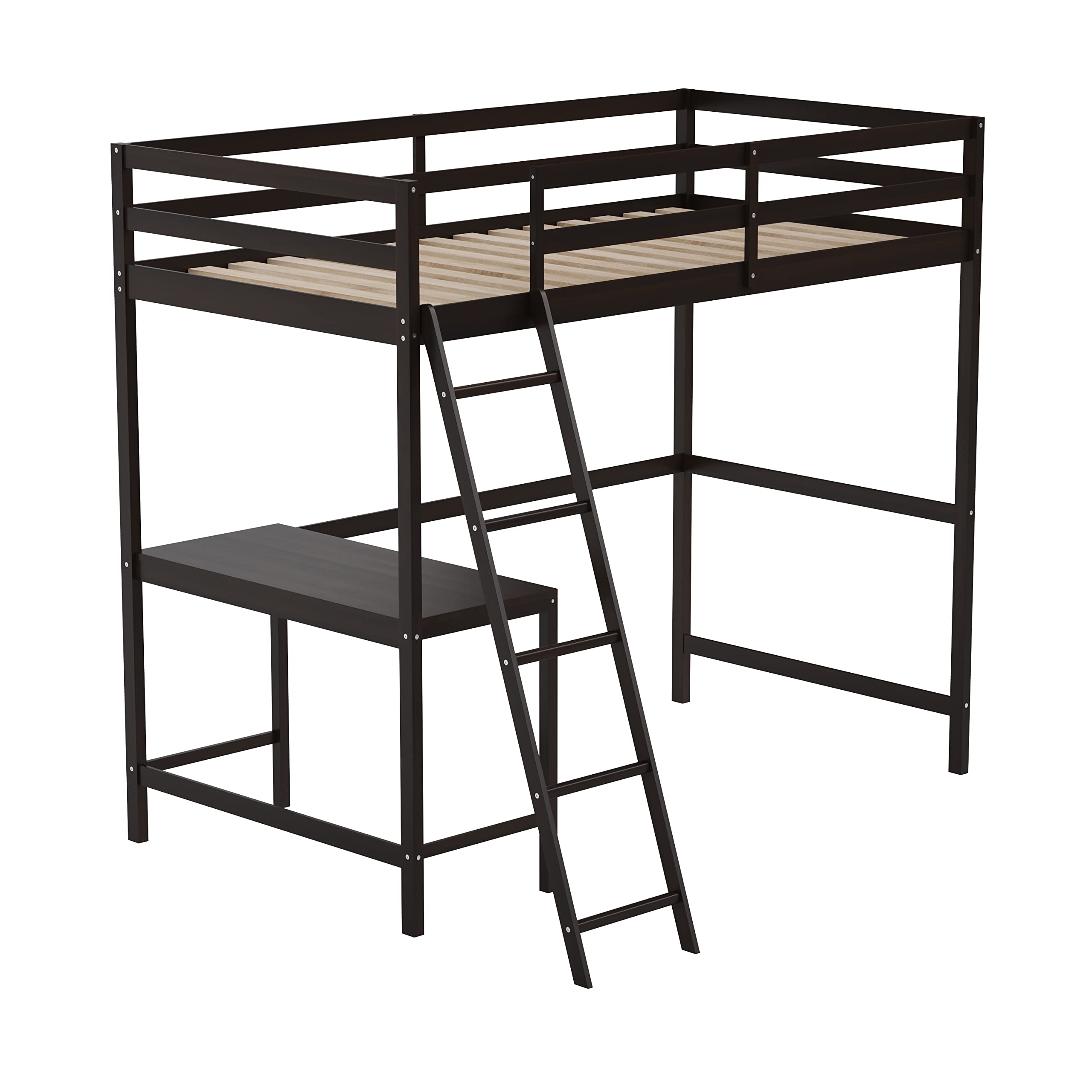 Emma & Oliver Ridley Twin Size Loft Bed Frame with Desk - Solid Pine Wood in Espresso Finish - Safety Guardrails - Fits 6-8